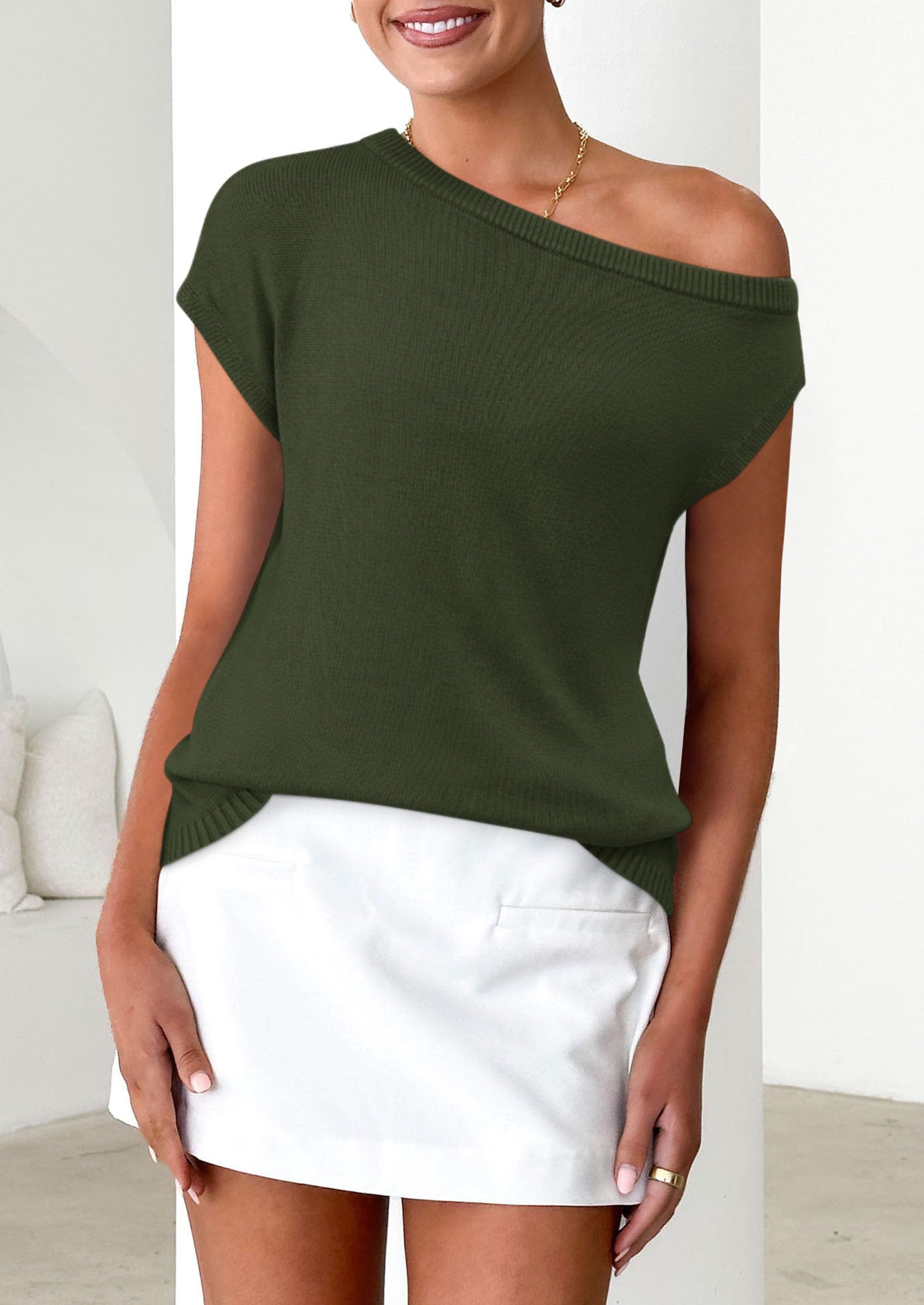 PRETTYGARDEN Womens Off The Shoulder Tops Summer Casual Short Sleeve Tunic T Shirts Lightweight Knit Sweaters