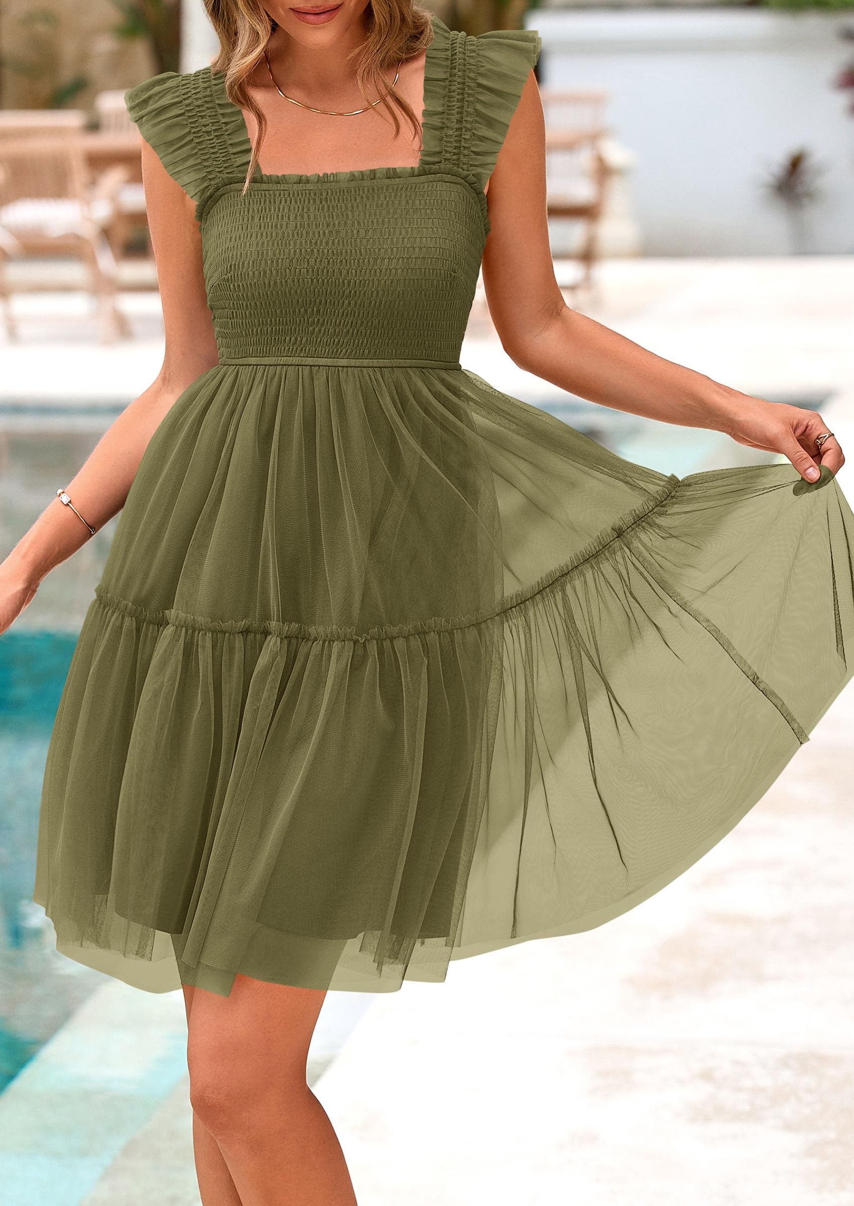 PRETTYGARDEN Womens Trendy Mini Summer Dresses Sleeveless Tulle Ruffle Square Neck Tiered Smocked Beach Vacation Dress