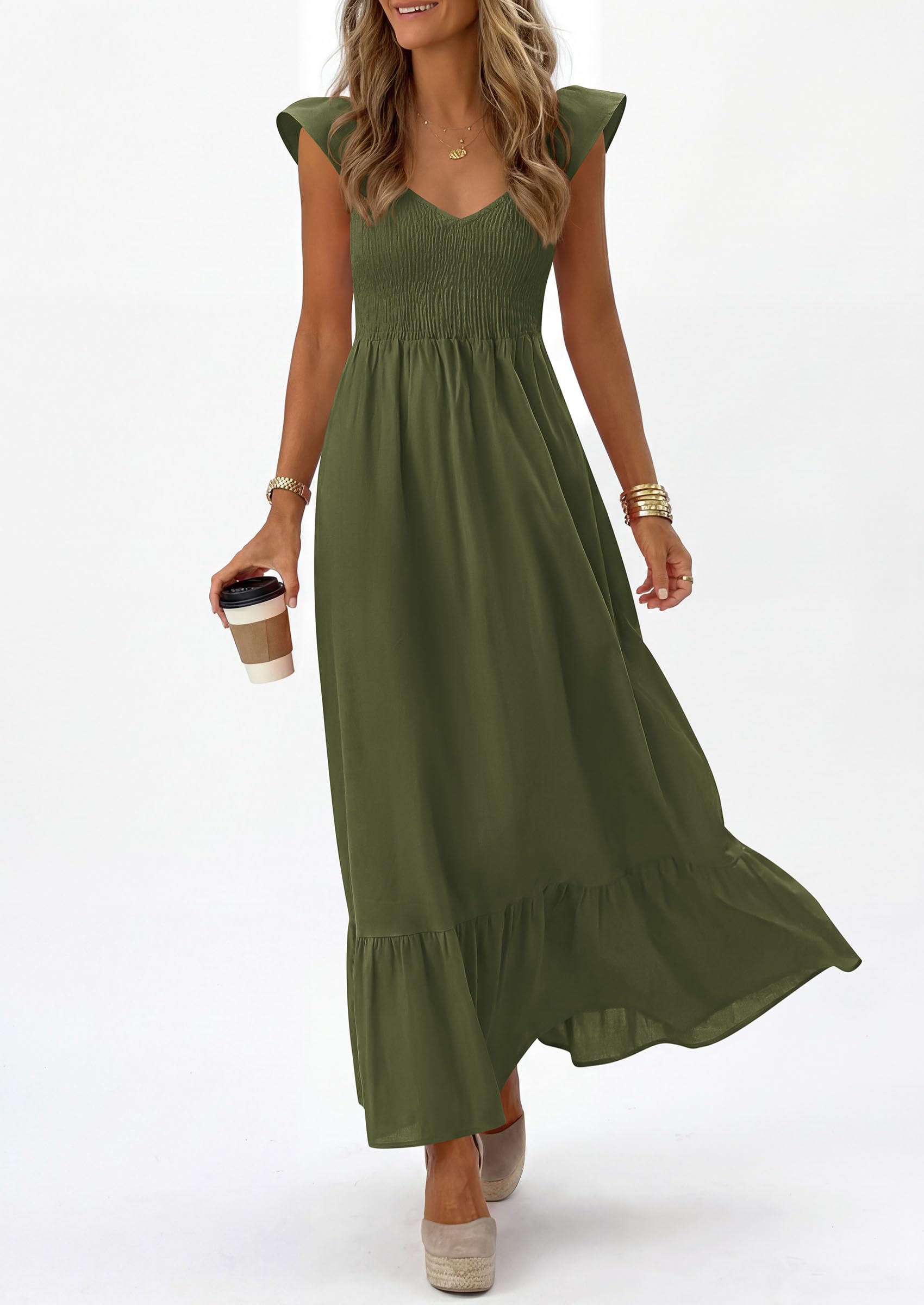 PRETTYGARDEN Women's Summer Casual Maxi Dresses Cap Sleeve V Neck Smocked Long Pockets Party Sundress Vacation Outfits PRETTYGARDEN