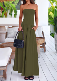 Women's 2025 Summer Strapless Maxi Dresses Patchwork Long Flowy Elegant Going Out Tube Top Dress with Pockets