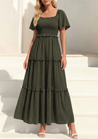 PRETTYGARDEN Summer Dresses for Women Boho Swiss Dot Smocked Square Neck Short Sleeve Spring Wedding Guest Maxi Dress PRETTYGARDEN