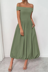 Womens Summer Off Shoulder Sleeveless Midi Dress Cocktail A Line Flowy Wedding Guest Dresses with Pockets