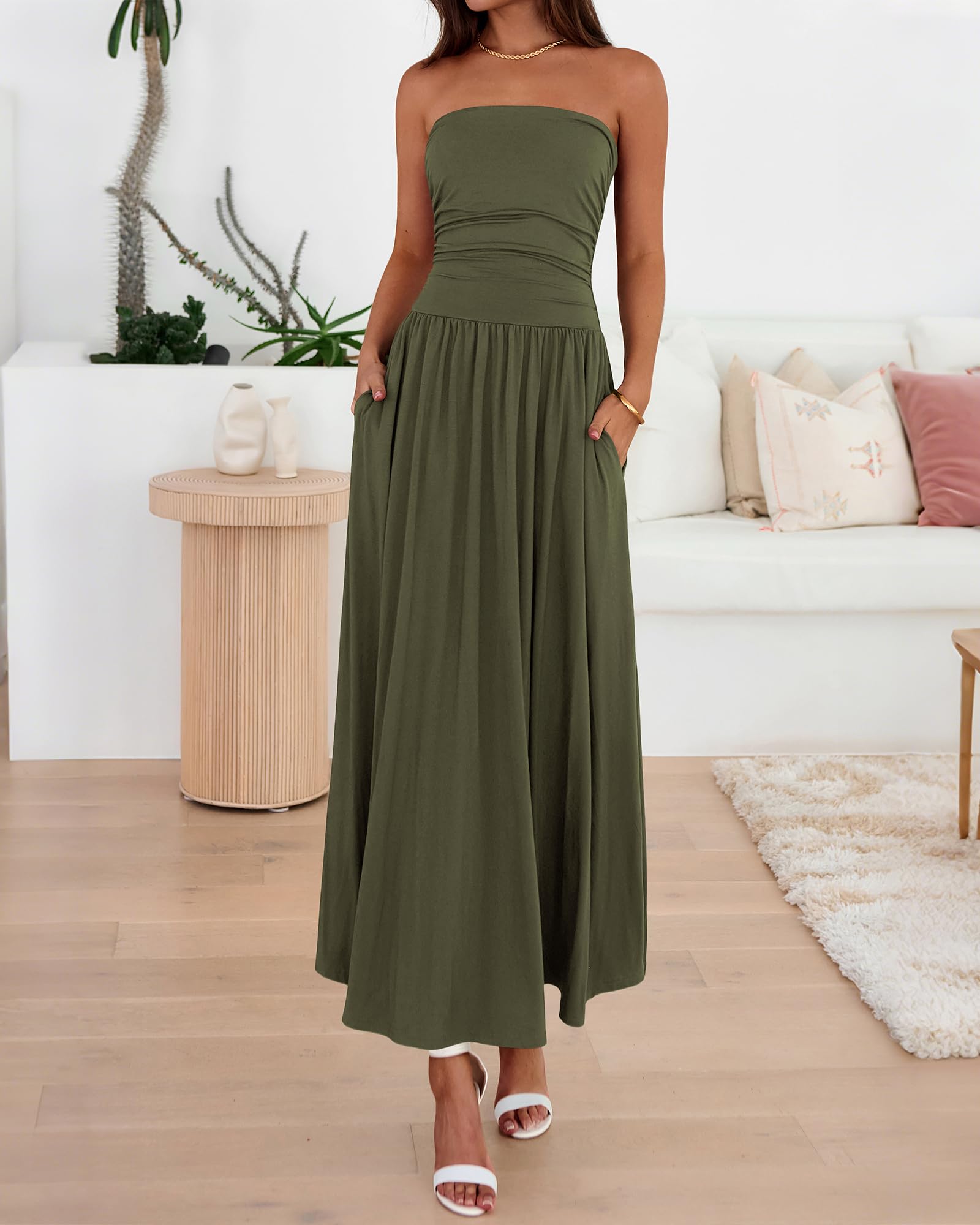 BTFBM Summer Maxi Dresses for Women Strapless Ruched Tube Top Beach Vacation Spring Wedding Guest Dress Pockets PRETTYGARDEN