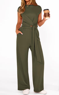 PRETTYGARDEN 2 Piece Matching Lounge Sets For Women Summer Short Sleeve Tie Front Crop Tops Casual Wide Leg Pants Tracksuit PRETTYGARDEN