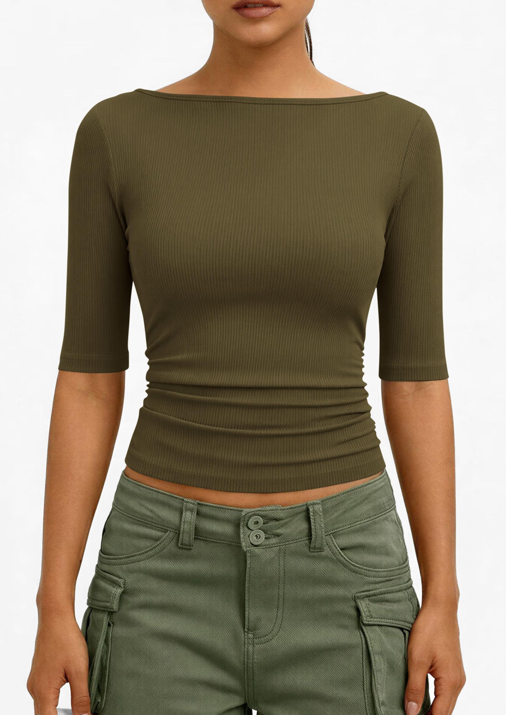 PRETTYGARDEN Womens Summer Short Sleeve Tops Boat Neck Ribbed Knit Slim Fit T Shirt Casual Basic Top Spring Clothes PRETTYGARDEN