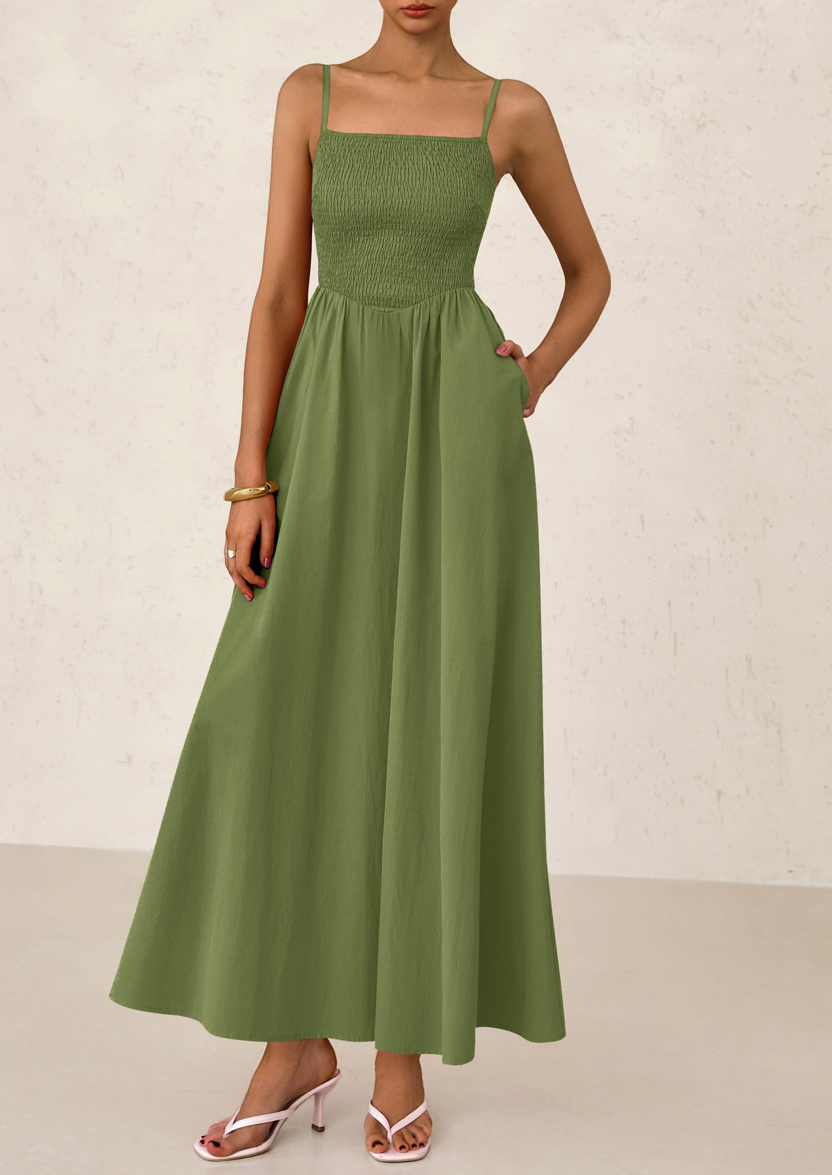 PRETTYGARDEN Women's Smocked Maxi Dresses Beach Sundress Casual Spaghetti Strap Swing A Line Long Flowy Dress