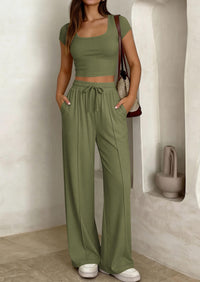 PRETTYGARDEN Women's 2 Piece Matching Lounge Sets Ribbed Short Sleeve Crop Tops Wide Leg Pants Summer Airport Outfits PRETTYGARDEN