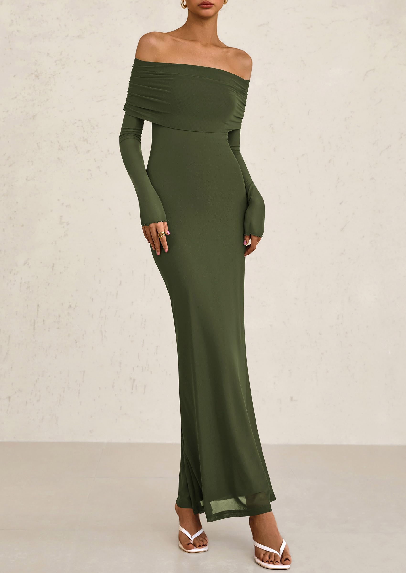 PRETTYGARDEN Off The Shoulder Dresses for Women Mesh Long Sleeve Baby Shower Formal Wedding Guest Dress