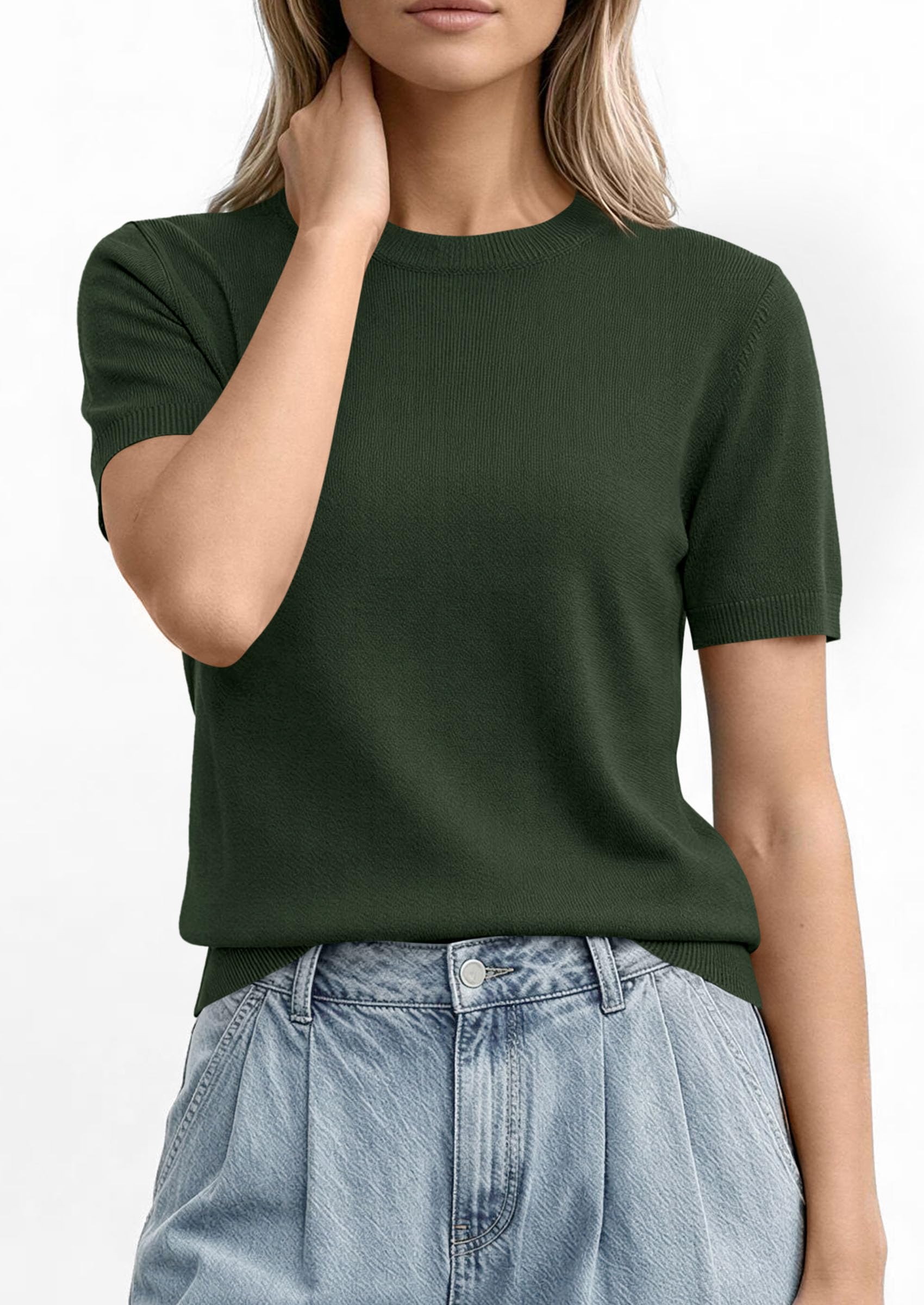 PRETTYGARDEN Women's Short Sleeve Sweaters Spring Crew Neck Knit Work Shirts Business Casual Tops Summer Fashion Clothes PRETTYGARDEN