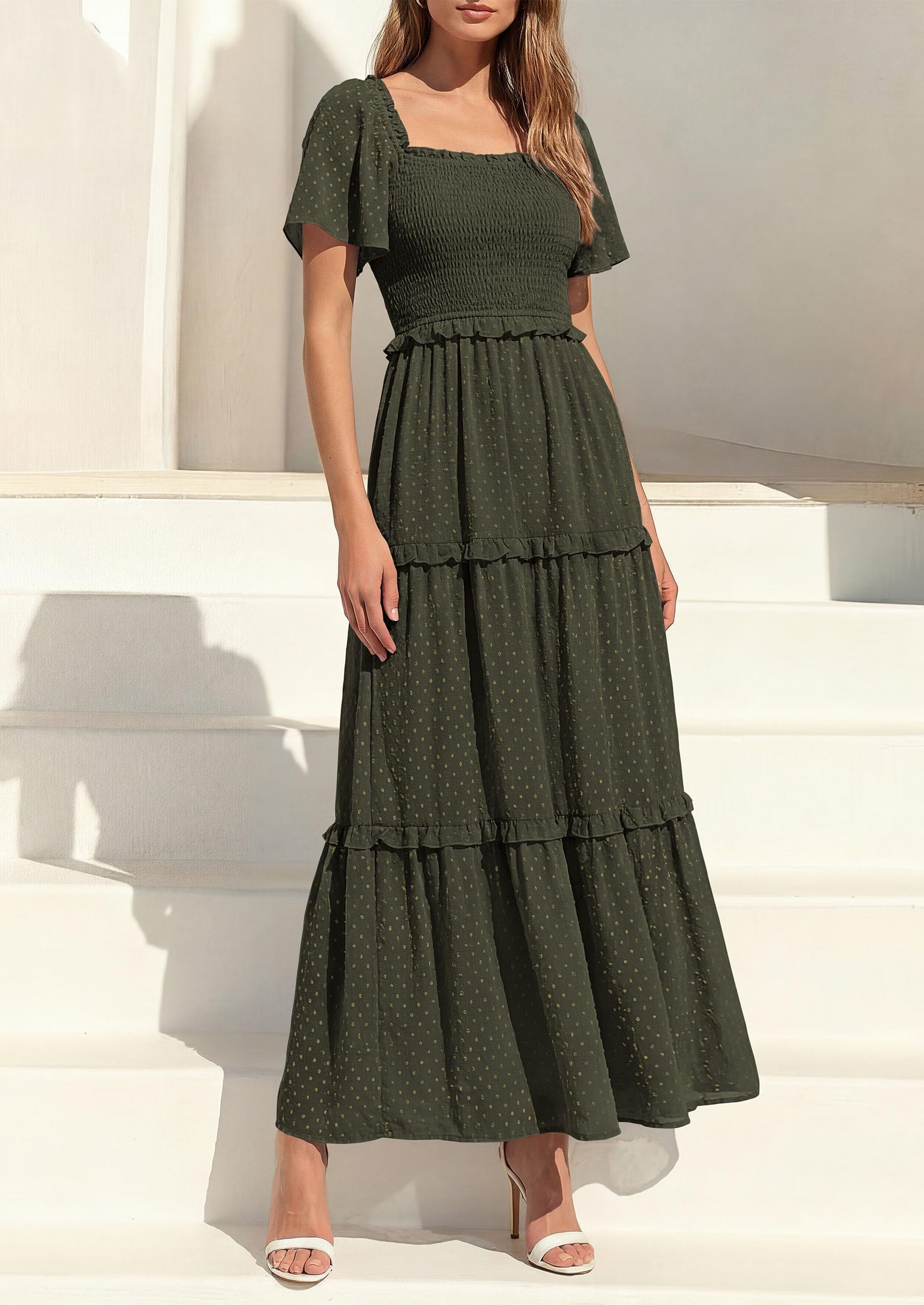 PRETTYGARDEN Summer Dresses for Women Boho Swiss Dot Smocked Square Neck Short Sleeve Spring Wedding Guest Maxi Dress PRETTYGARDEN