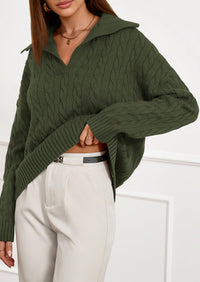 PRETTYGARDEN Fall Cable Knit Oversized Sweaters for Women Polo V Neck Long Sleeve Casual Chunky Sweater Pullover Tops PRETTYGARDEN