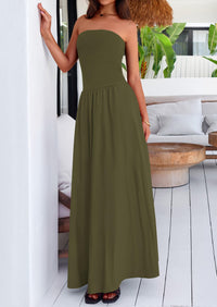 Women's 2025 Summer Strapless Maxi Dresses Patchwork Long Flowy Elegant Going Out Tube Top Dress with Pockets