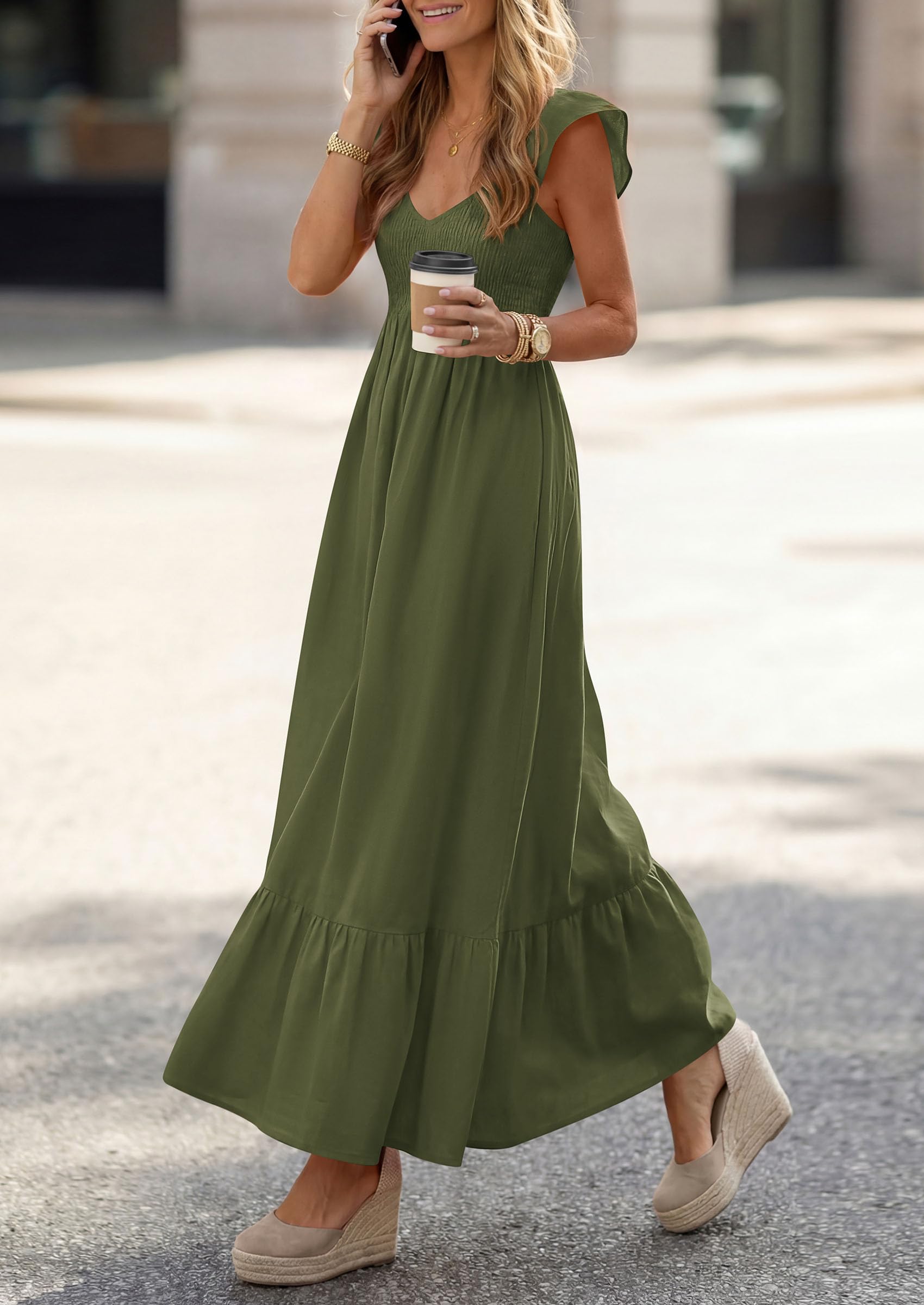 PRETTYGARDEN Women's Summer Casual Maxi Dresses Cap Sleeve V Neck Smocked Long Pockets Party Sundress Vacation Outfits PRETTYGARDEN