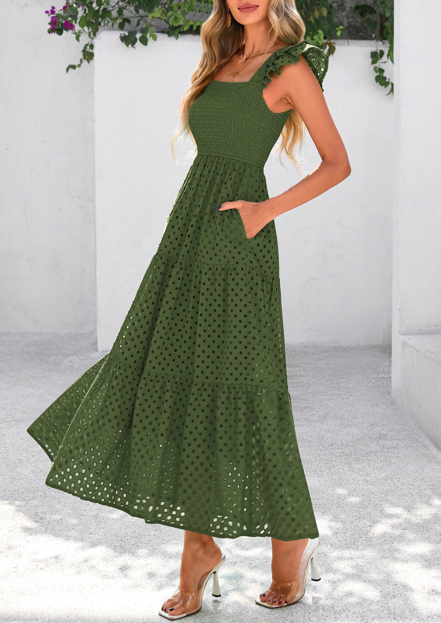 Womens Summer Square Neck Maxi Dresses Cap Sleeve Eyelet Smocked Tiered A Line Flowy Long Dress with Pockets