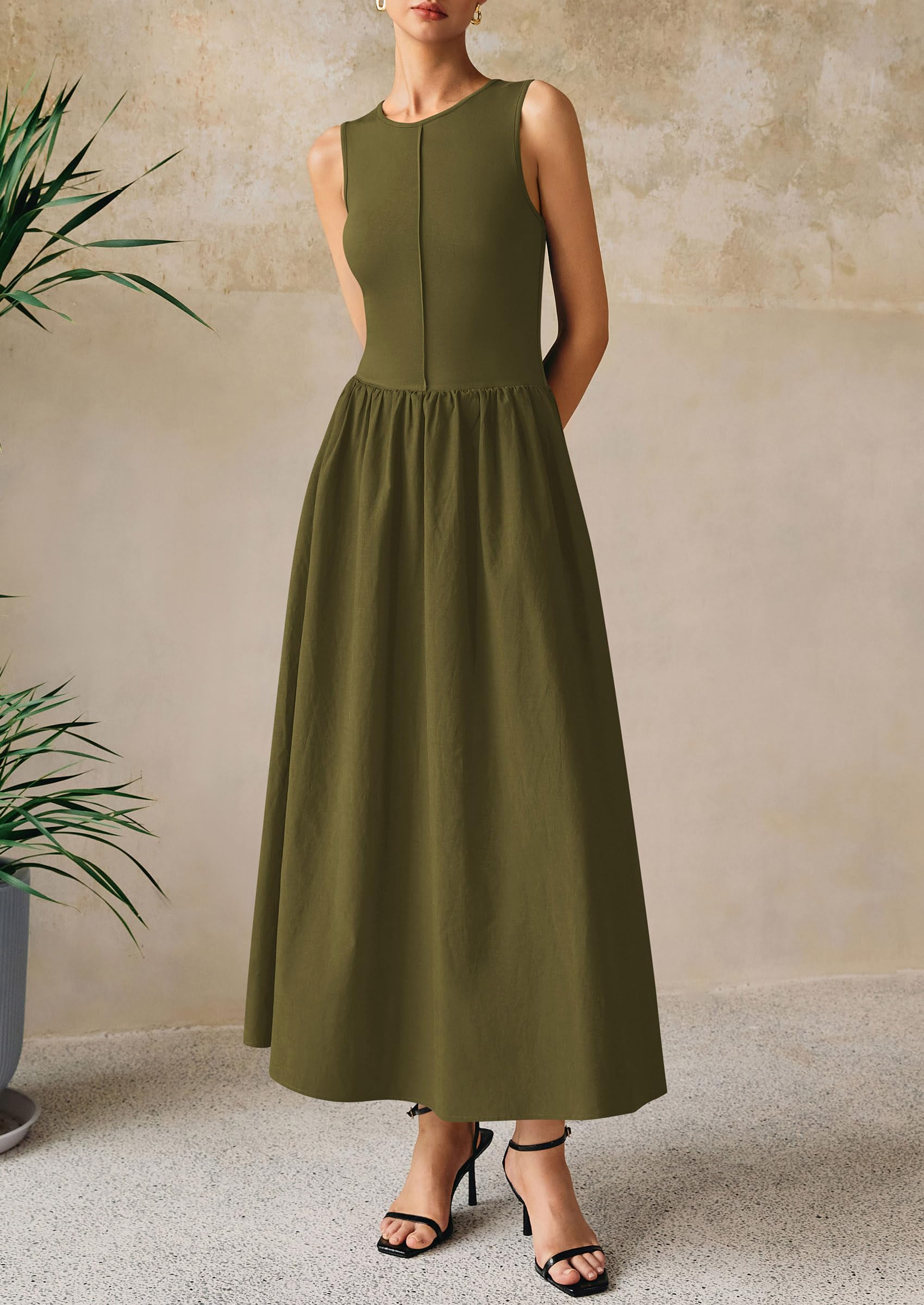 PRETTYGARDEN Women Maxi Dresses Casual Sleeveless Patchwork Knit Tank Dress Flowy Beach Sundress Long Dress