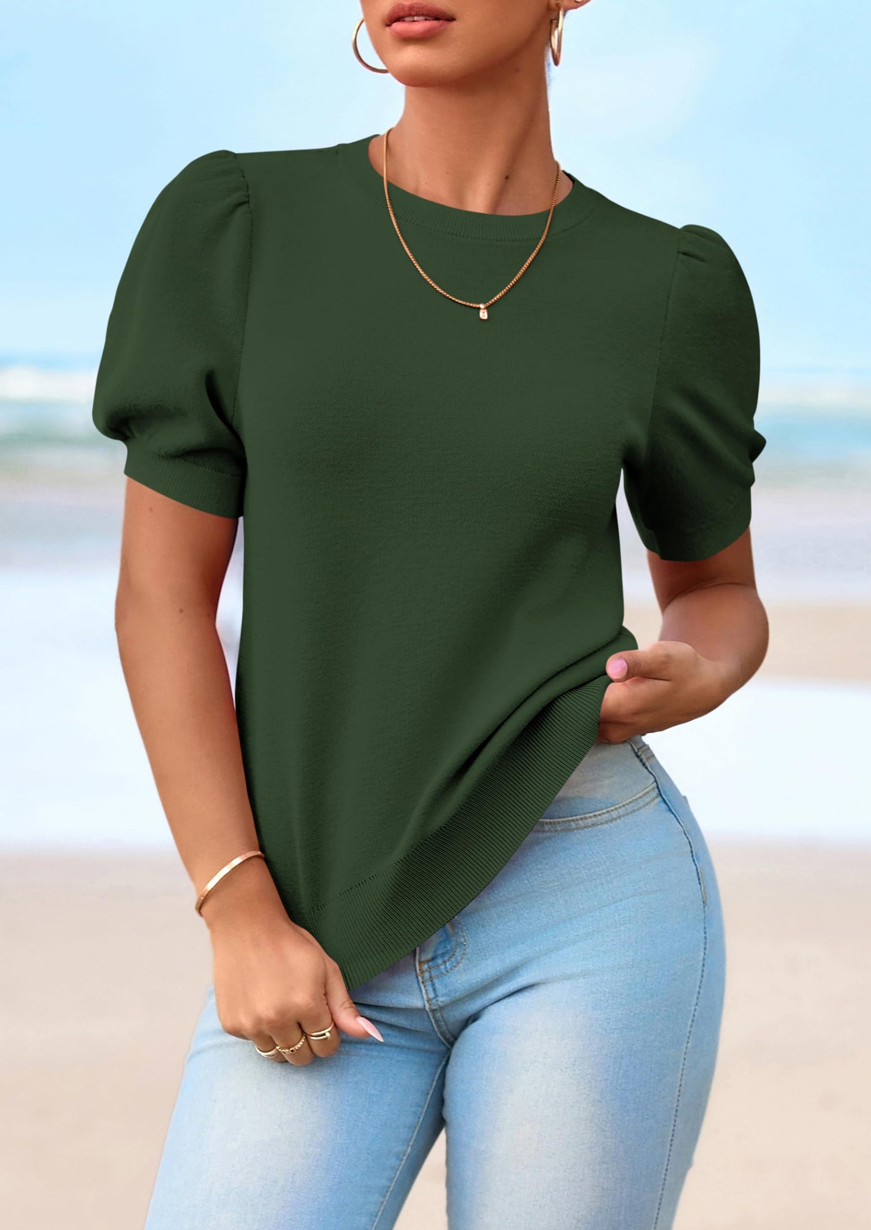 PRETTYGARDEN Womens Tops Spring Summer Puff Short Sleeve Sweater Crewneck Knit Work Blouses Dressy Casual Trendy Shirts PRETTYGARDEN