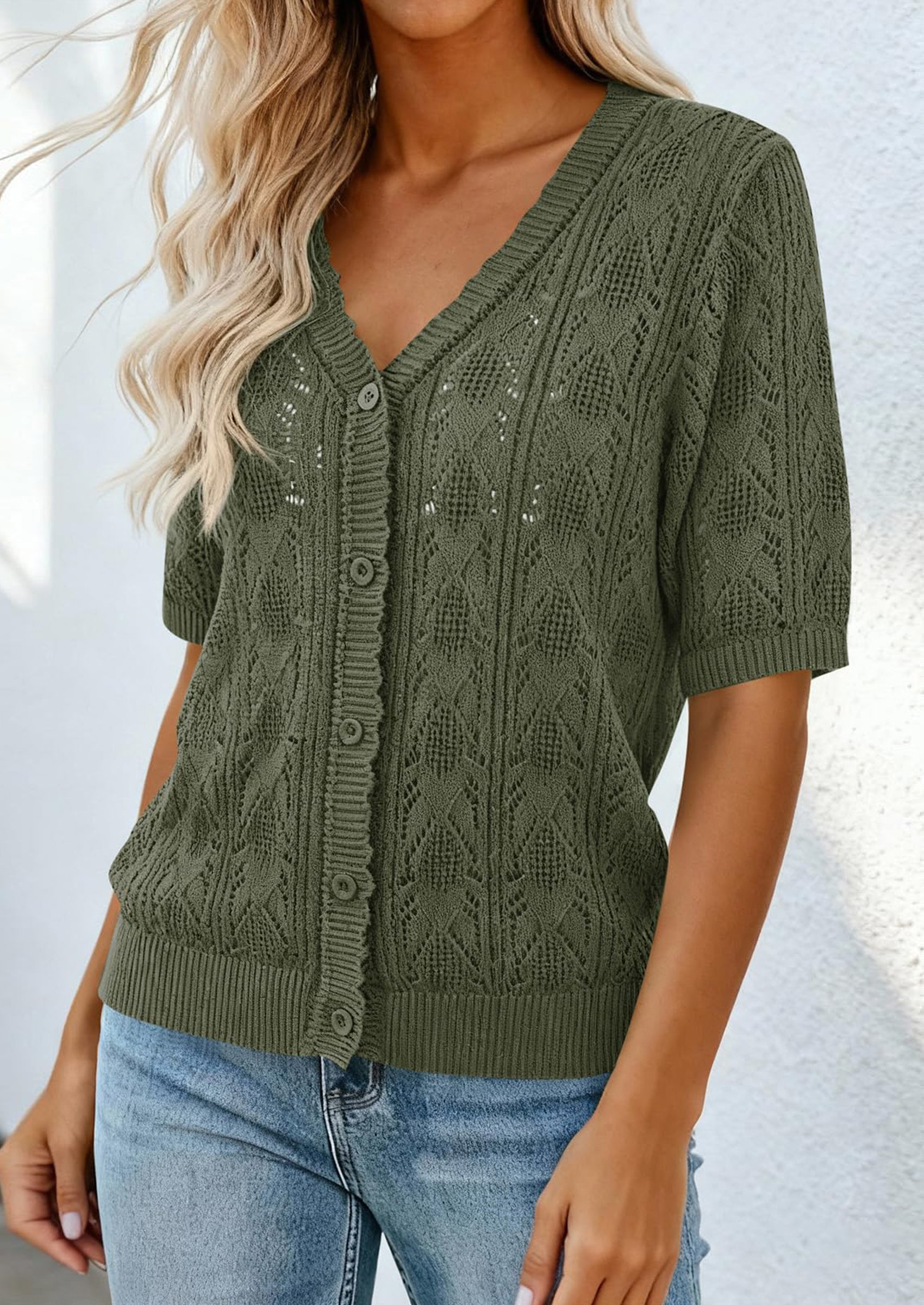 PRETTYGARDEN Short Sleeve Crochet Knit Summer Cardigans for Women Lightweight Button Down Hollow Out Sweater Beach Cover Up PRETTYGARDEN