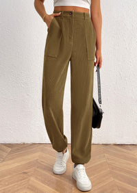 Women's Dressy Casual Pants Elastic High Waisted Work Office Corduroy Trouser Slacks with Pockets