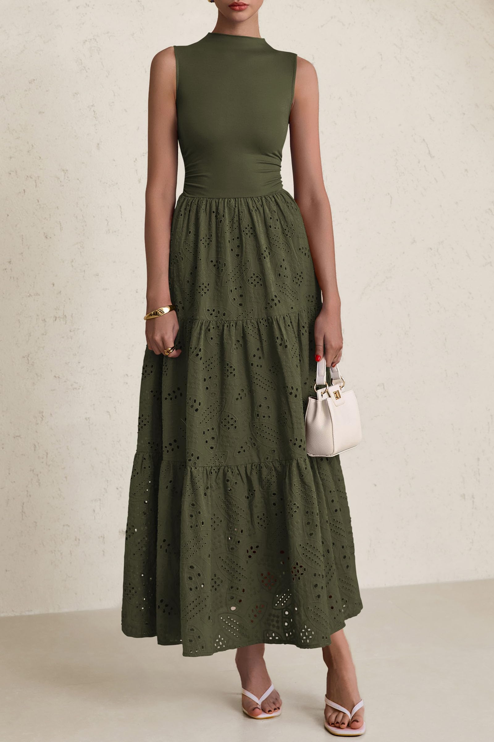 PRETTYGARDEN Dresses for Women Casual Eyelet Sleeveless Wedding Guest Maxi Dress Tank Top Sundress with Pockets