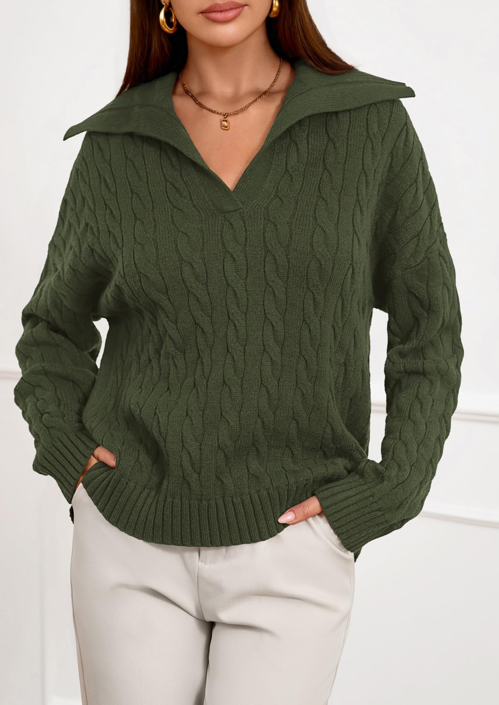 PRETTYGARDEN Fall Cable Knit Oversized Sweaters for Women Polo V Neck Long Sleeve Casual Chunky Sweater Pullover Tops PRETTYGARDEN