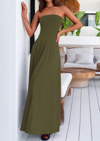 Women's 2025 Summer Strapless Maxi Dresses Patchwork Long Flowy Elegant Going Out Tube Top Dress with Pockets