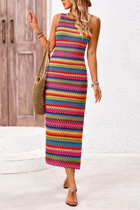 Womens Summer Sleeveless Tank Dress Crew Neck Striped Side Slit Bodycon Casual Maxi Dresses