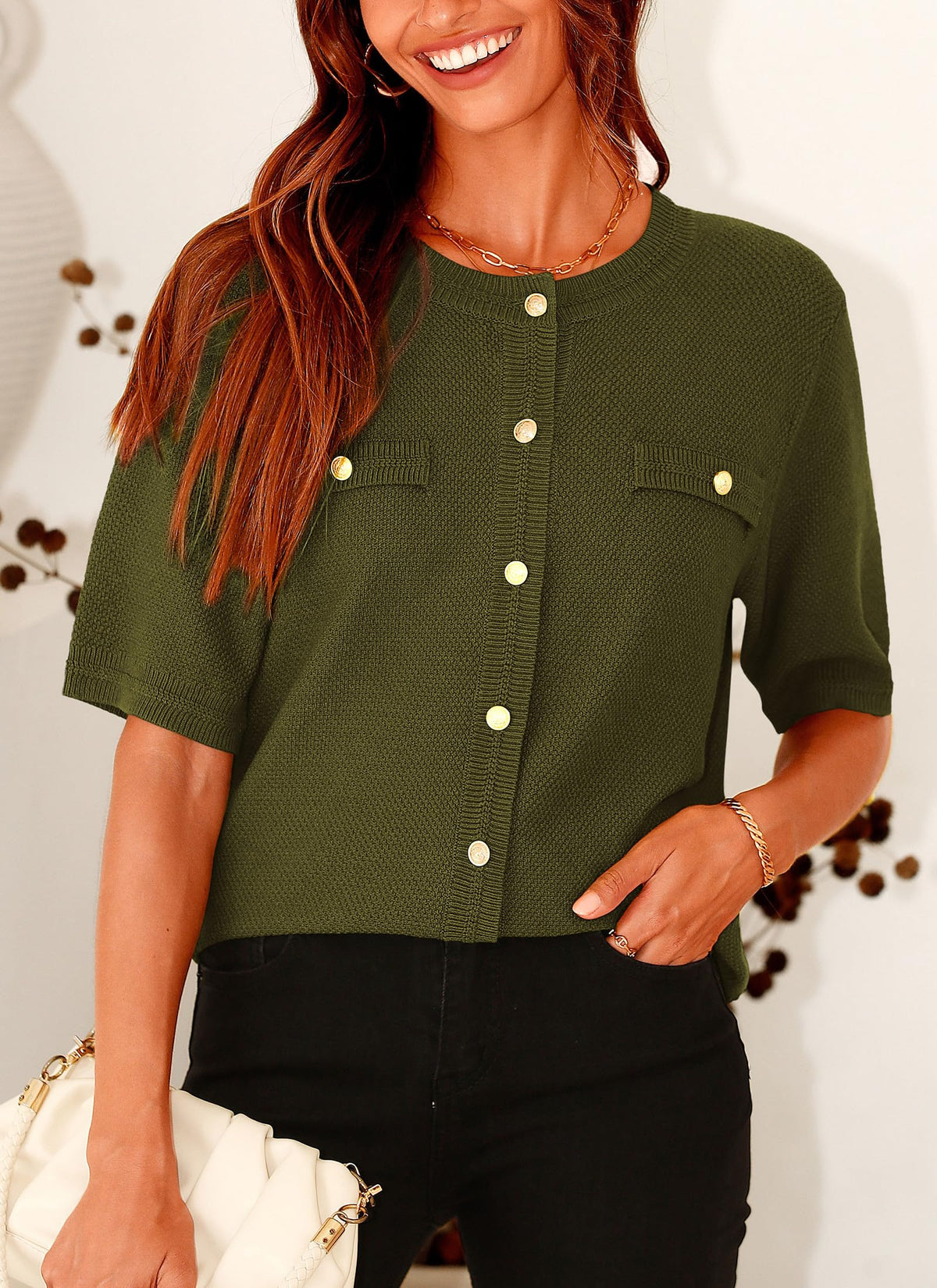 Summer Button Down Shirts Casual Short Sleeve Crew Neck Ribbed Knit Blouse Top Cardigans