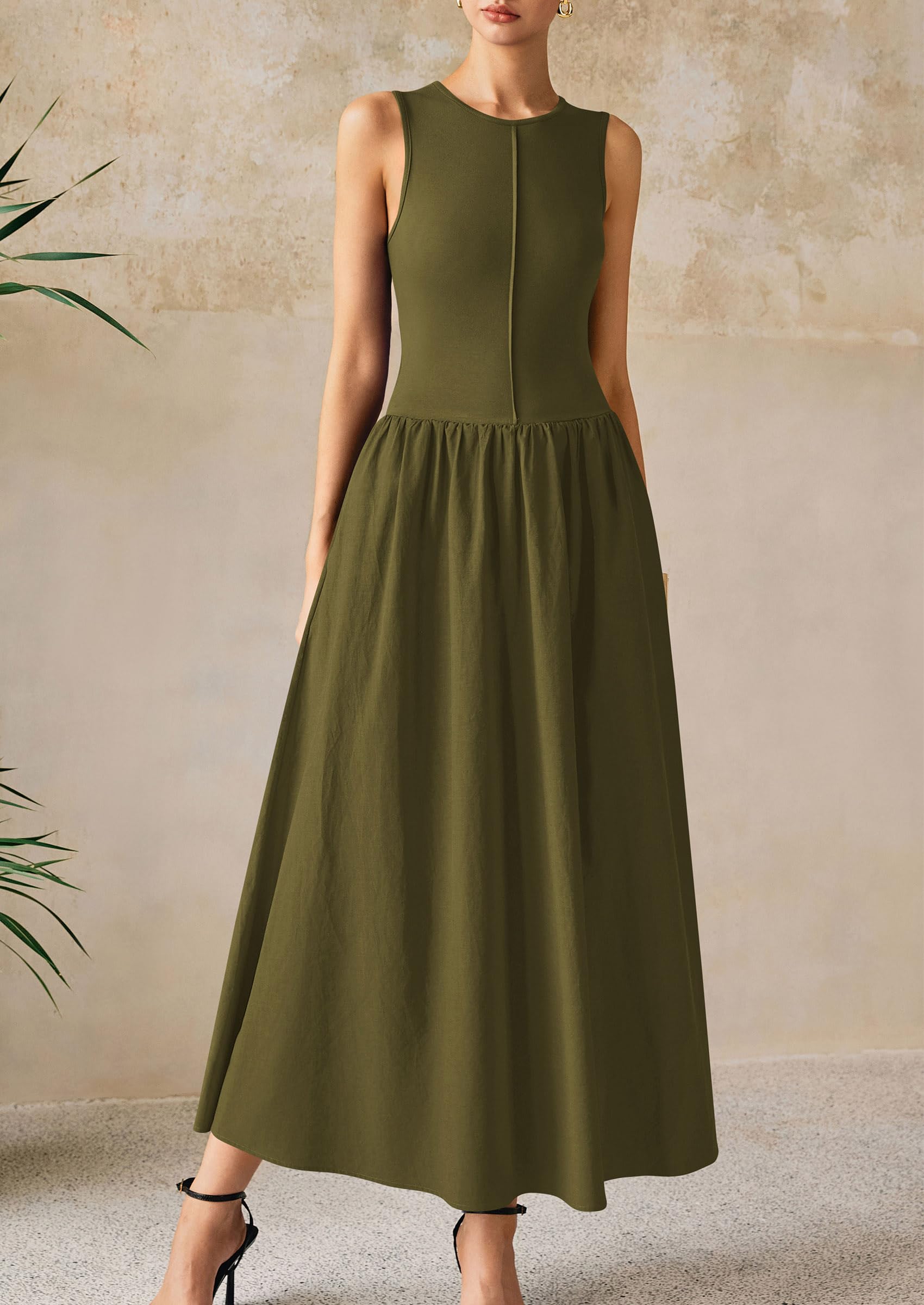 PRETTYGARDEN Women Maxi Dresses Casual Sleeveless Patchwork Knit Tank Dress Flowy Beach Sundress Long Dress