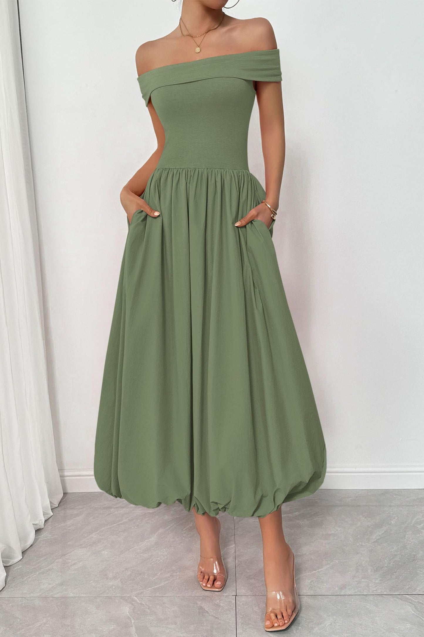 Womens Summer Off Shoulder Sleeveless Midi Dress Cocktail A Line Flowy Wedding Guest Dresses with Pockets