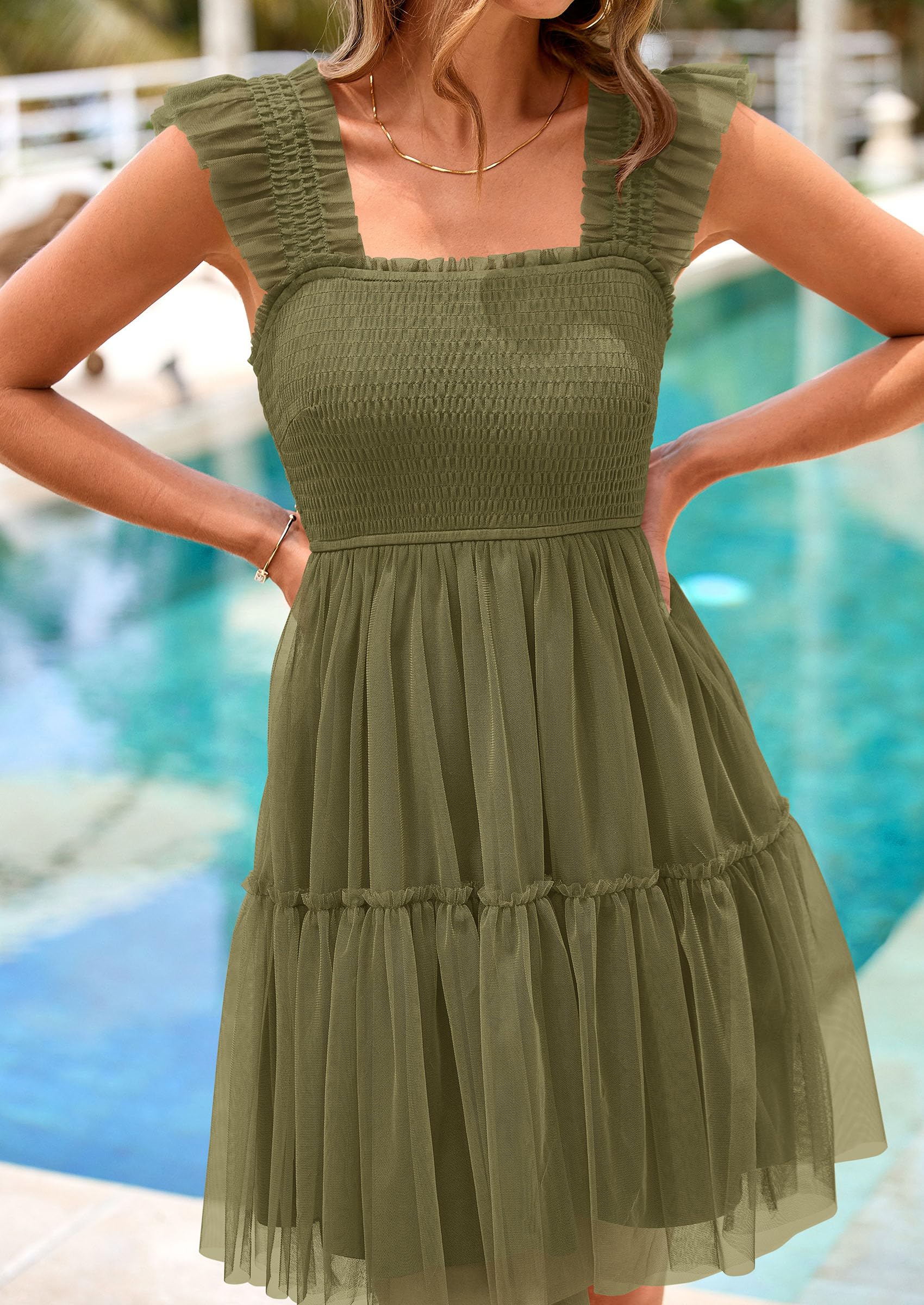 PRETTYGARDEN Womens Trendy Mini Summer Dresses Sleeveless Tulle Ruffle Square Neck Tiered Smocked Beach Vacation Dress