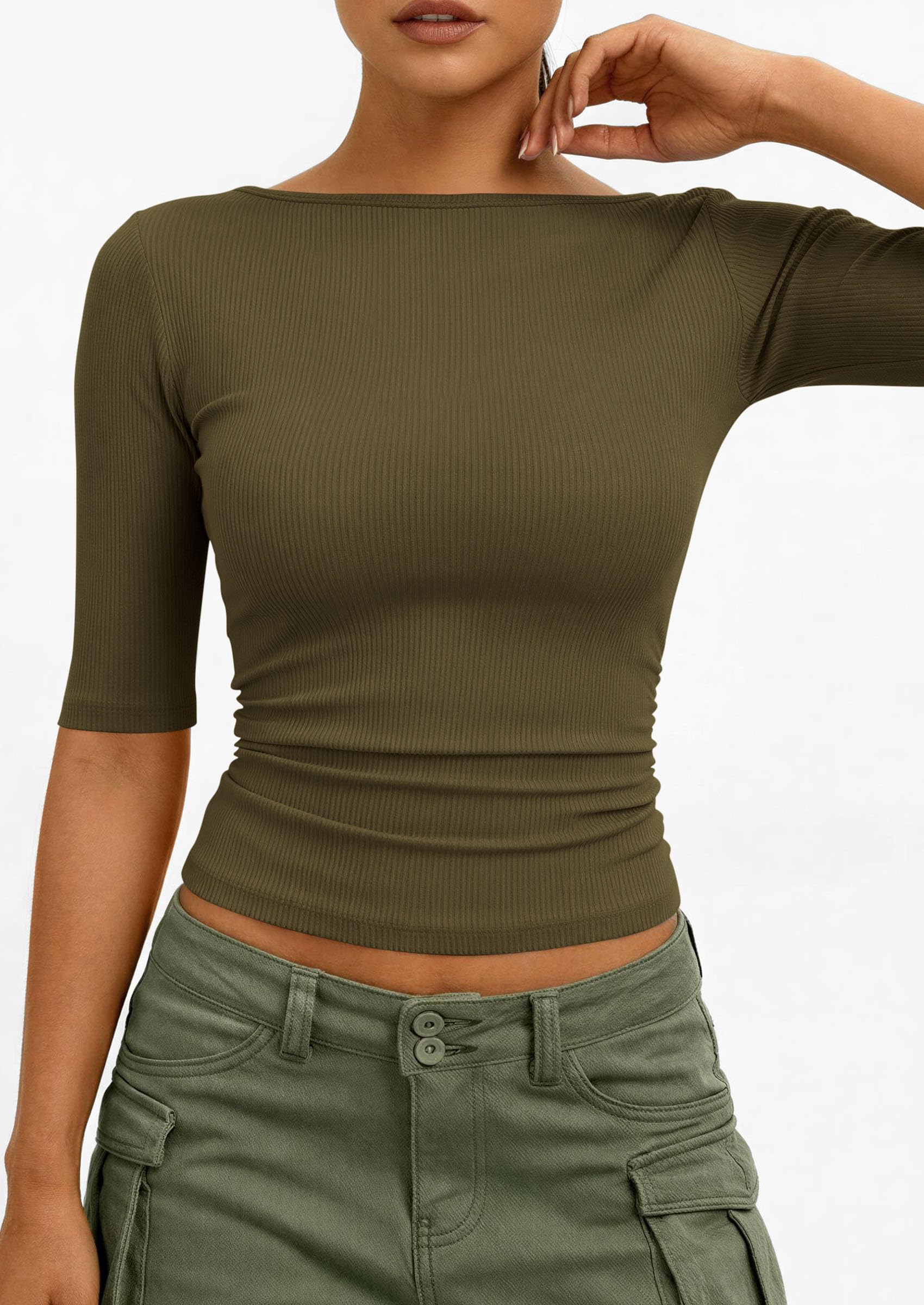 PRETTYGARDEN Womens Summer Short Sleeve Tops Boat Neck Ribbed Knit Slim Fit T Shirt Casual Basic Top Spring Clothes PRETTYGARDEN