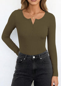 PRETTYGARDEN Long Sleeve Bodysuits for Women Ribbed Knit Henley Button Up Slim Fitted Basic Tops Winter Fashion Clothing PRETTYGARDEN