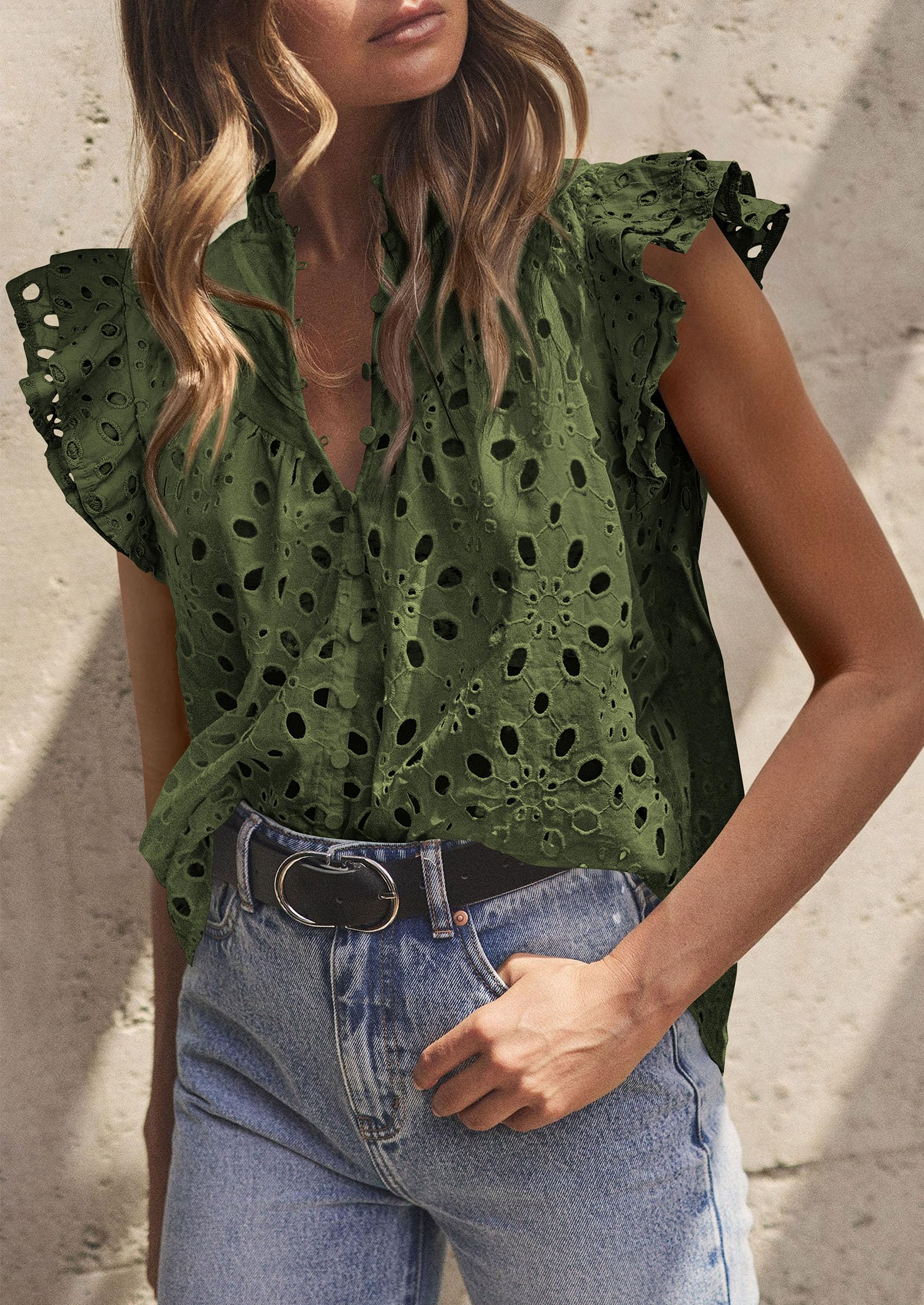 PRETTYGARDEN Womens Summer Tops 2025 Dressy Casual Ruffle Cap Sleeve Button V Neck Embroidered Eyelet Blouses Shirts