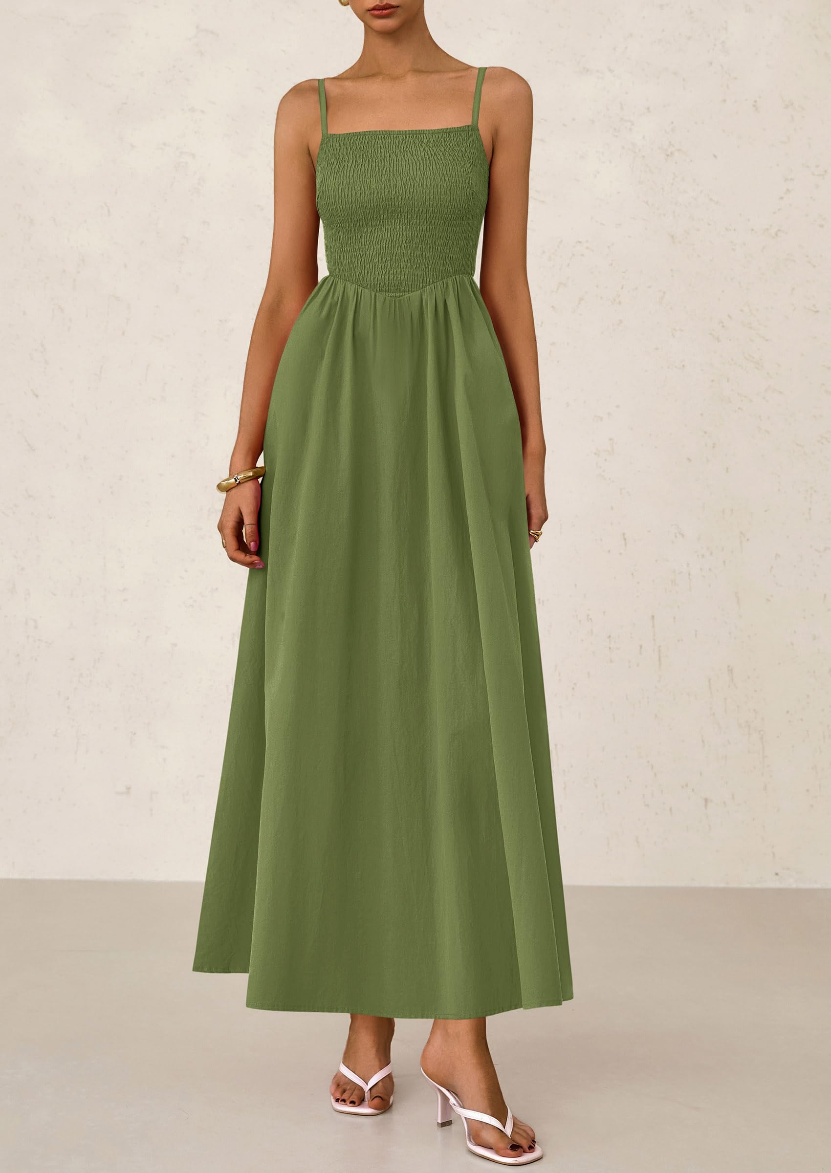 PRETTYGARDEN Women's Smocked Maxi Dresses Beach Sundress Casual Spaghetti Strap Swing A Line Long Flowy Dress