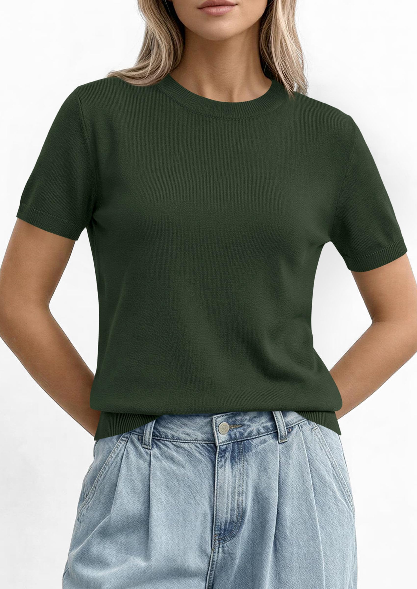 PRETTYGARDEN Women's Short Sleeve Sweaters Spring Crew Neck Knit Work Shirts Business Casual Tops Summer Fashion Clothes PRETTYGARDEN