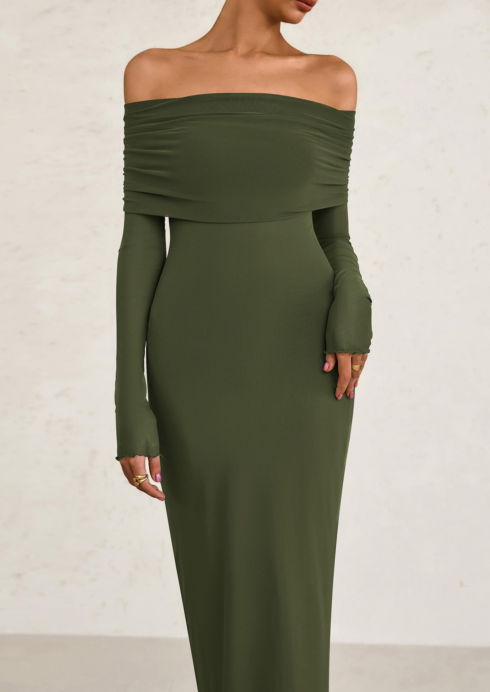 PRETTYGARDEN Off The Shoulder Dresses for Women Mesh Long Sleeve Baby Shower Formal Wedding Guest Dress