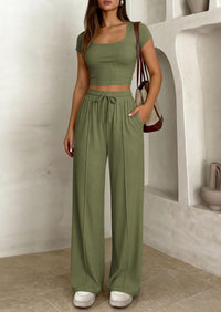 PRETTYGARDEN Women's 2 Piece Matching Lounge Sets Ribbed Short Sleeve Crop Tops Wide Leg Pants Summer Airport Outfits PRETTYGARDEN