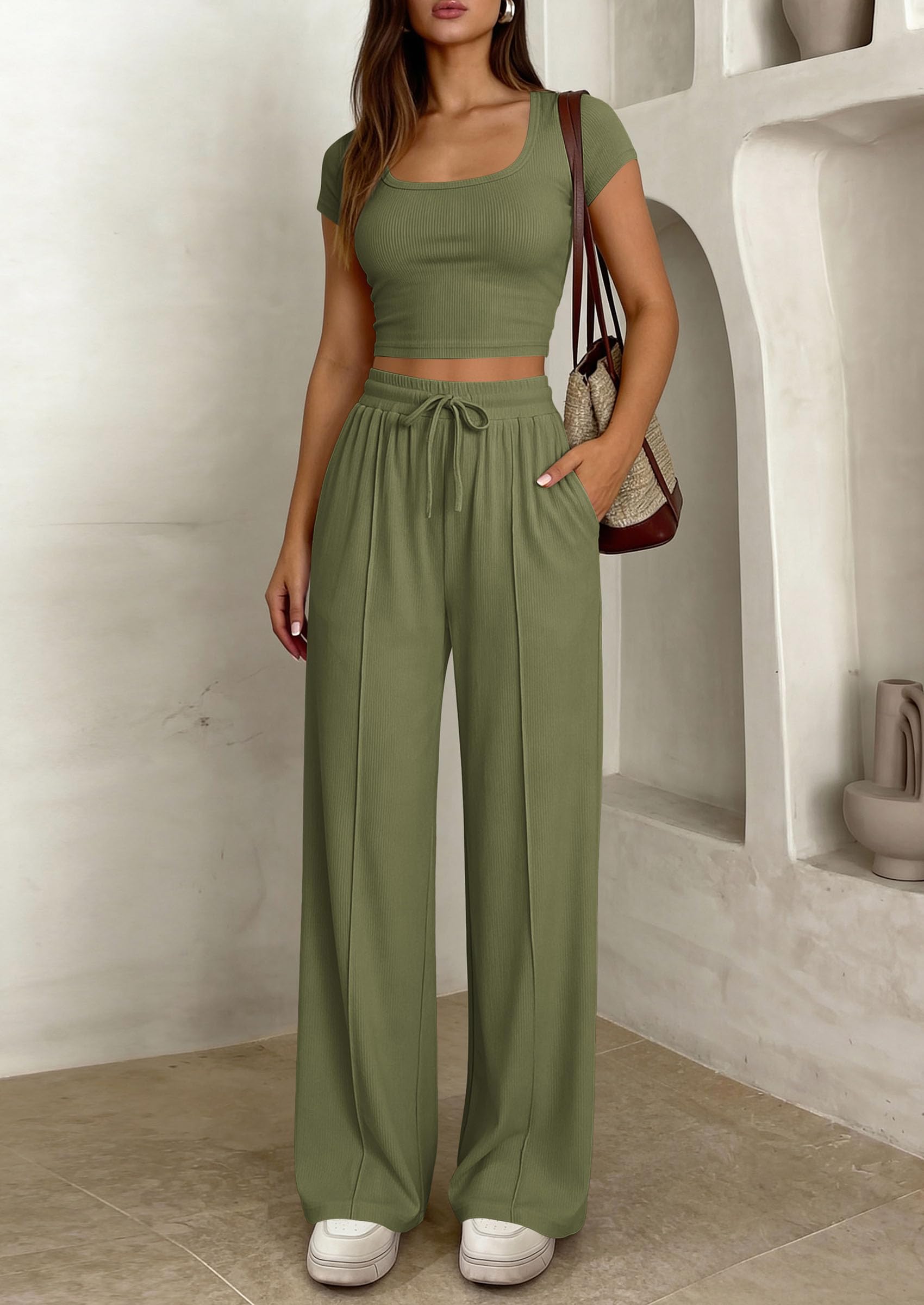 PRETTYGARDEN Women's 2 Piece Matching Lounge Sets Ribbed Short Sleeve Crop Tops Wide Leg Pants Summer Airport Outfits PRETTYGARDEN