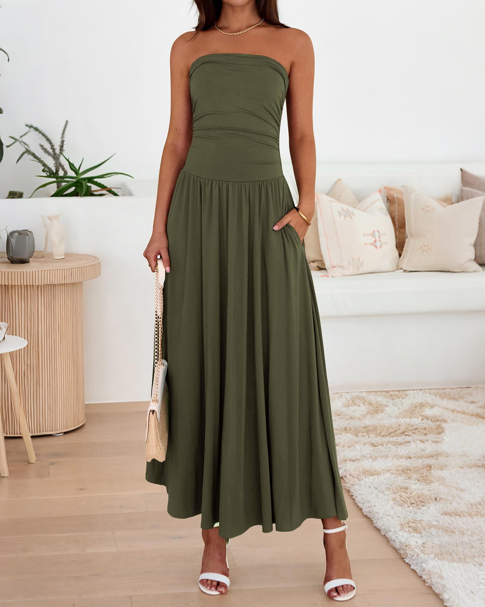 BTFBM Summer Maxi Dresses for Women Strapless Ruched Tube Top Beach Vacation Spring Wedding Guest Dress Pockets PRETTYGARDEN