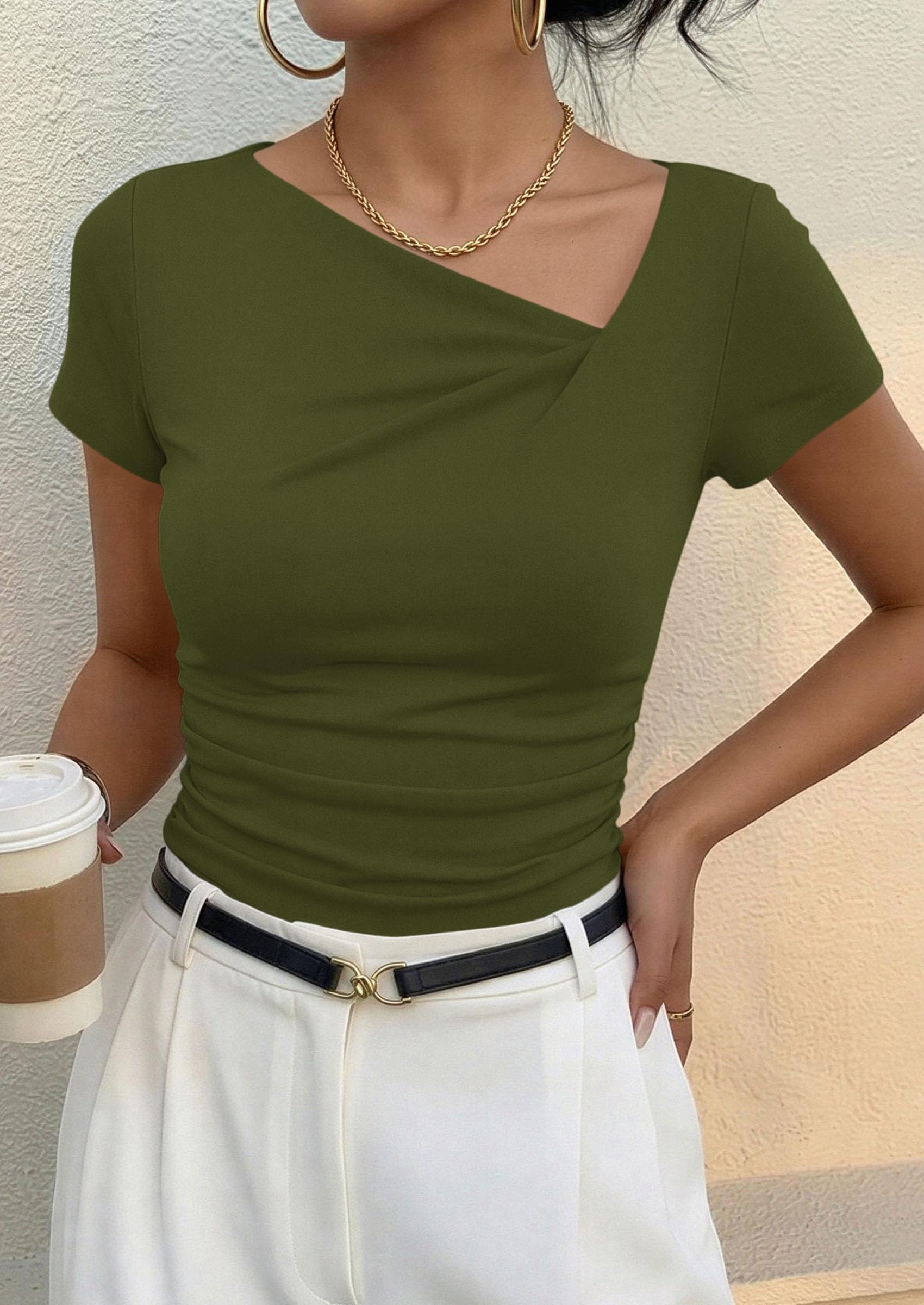 PRETTYGARDEN Women's Summer Asymmetrical Y2K Tops Trendy Ribbed Short Sleeve Fitted Tee Shirts Spring Fashion Clothing PRETTYGARDEN