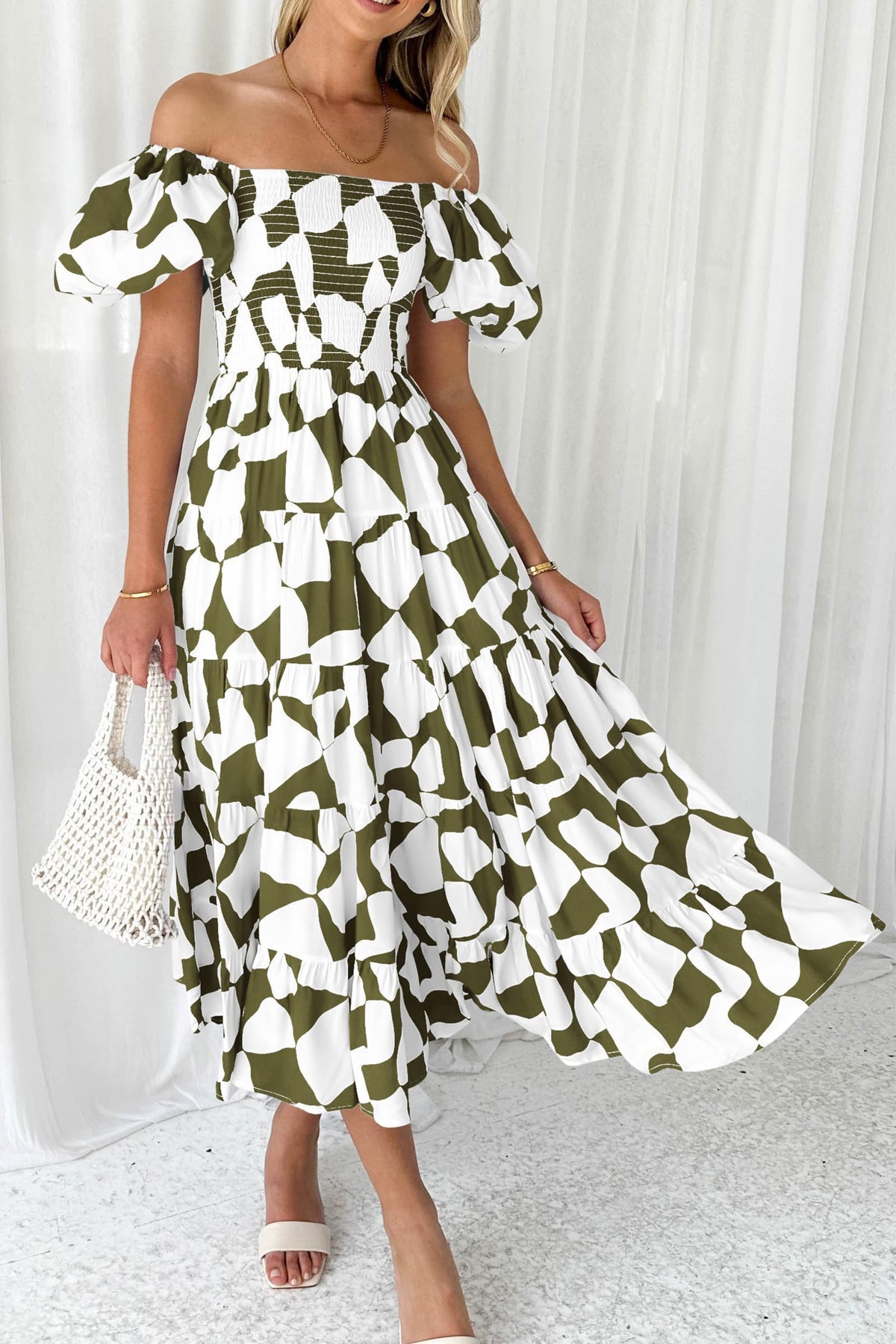 Summer Boho Midi Dress Off Shoulder Puff Sleeve Print Smocked Ruffle Beach Long Flowy Dresses