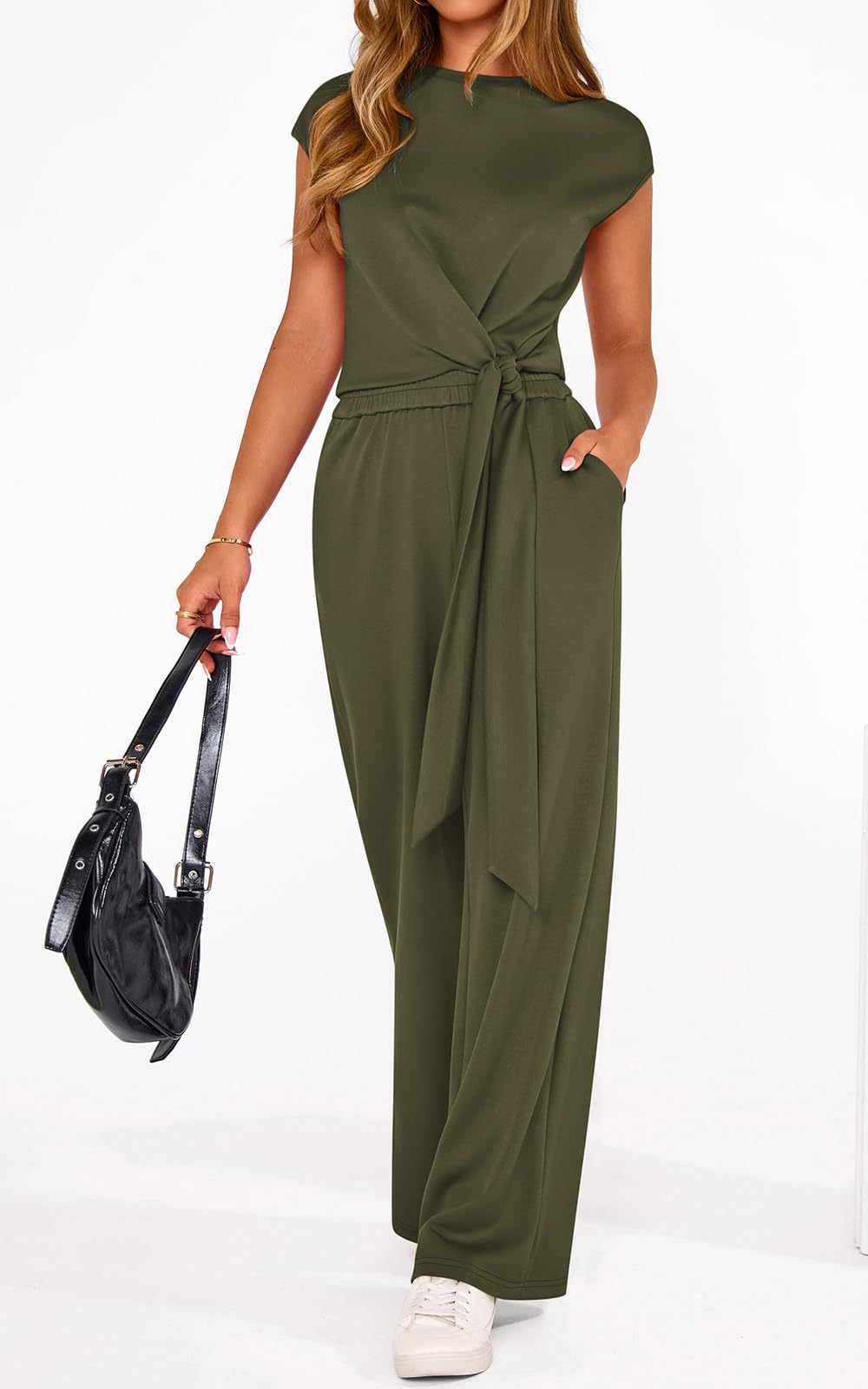 PRETTYGARDEN 2 Piece Matching Lounge Sets For Women Summer Short Sleeve Tie Front Crop Tops Casual Wide Leg Pants Tracksuit PRETTYGARDEN