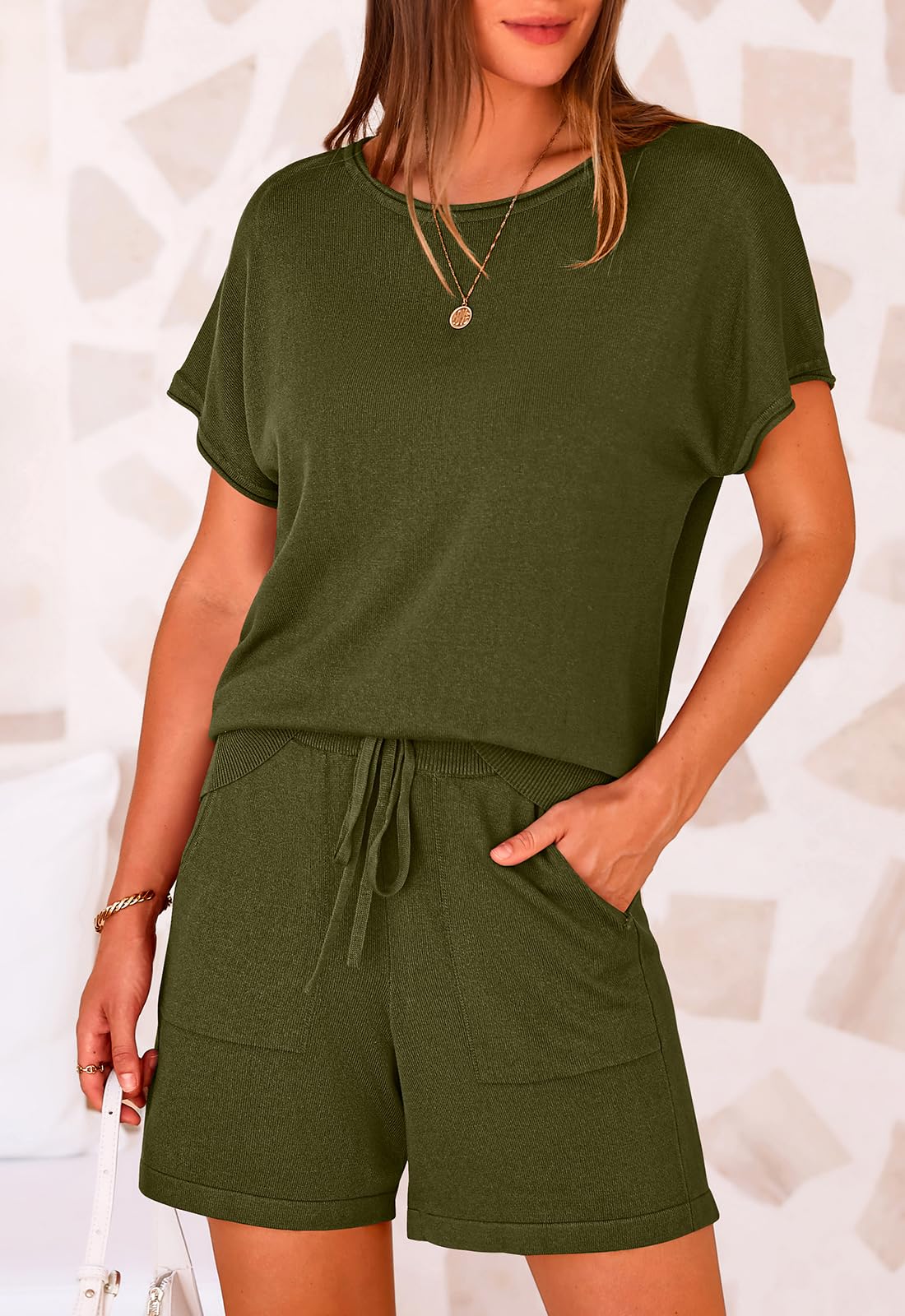 PRETTYGARDEN Two Piece Set for Women Summer Lounge Sets Shorts And Short Sleeve Tops Knitted Matching Travel Spring Outfits PRETTYGARDEN