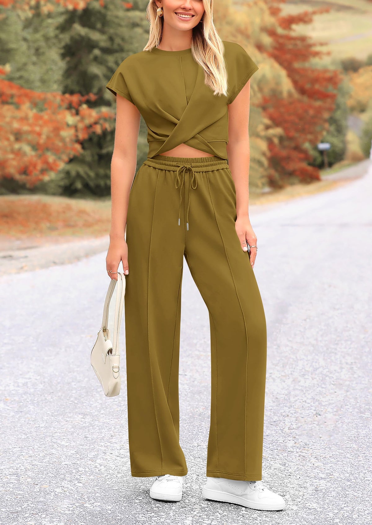 Twist Front Crop T-Shirts Wide Leg Pants Two Piece Sets