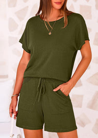 PRETTYGARDEN Two Piece Set for Women Summer Lounge Sets Shorts And Short Sleeve Tops Knitted Matching Travel Spring Outfits PRETTYGARDEN