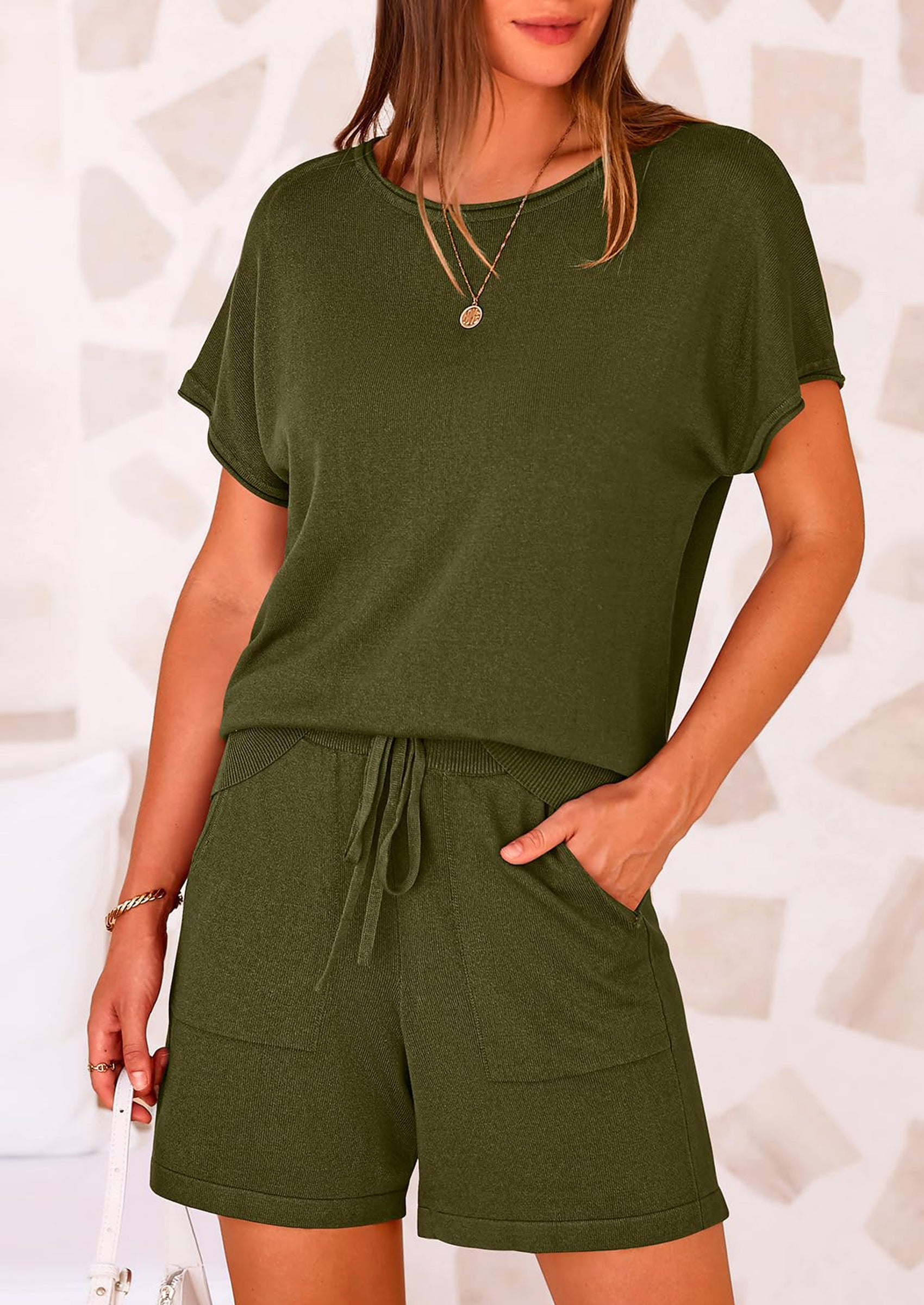 PRETTYGARDEN Two Piece Set for Women Summer Lounge Sets Shorts And Short Sleeve Tops Knitted Matching Travel Spring Outfits PRETTYGARDEN