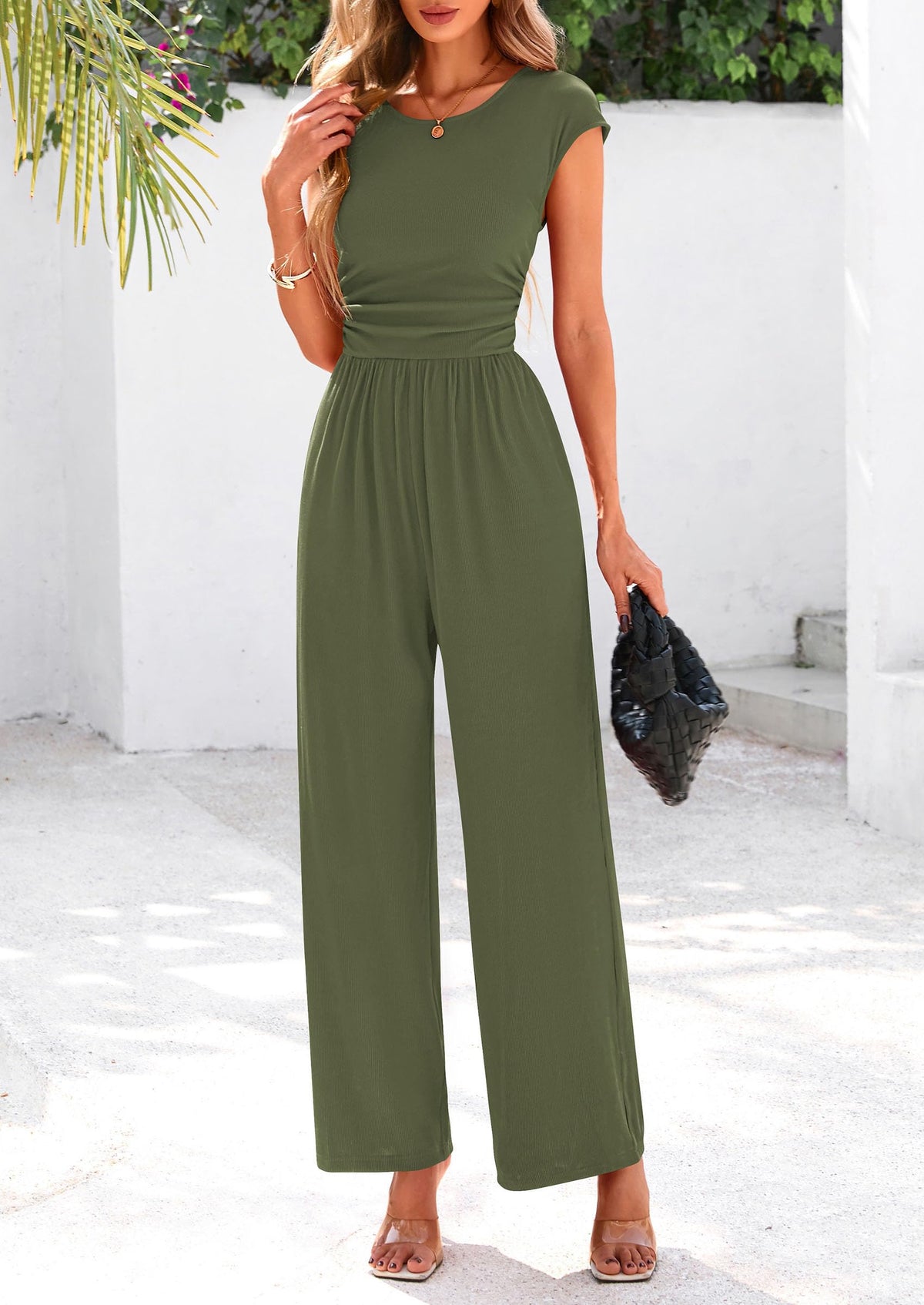 Summer Jumpsuits for Women Dressy Ribbed Cap Sleeve Wide Leg Pants Rompers Elegant Casual One Piece Outfits