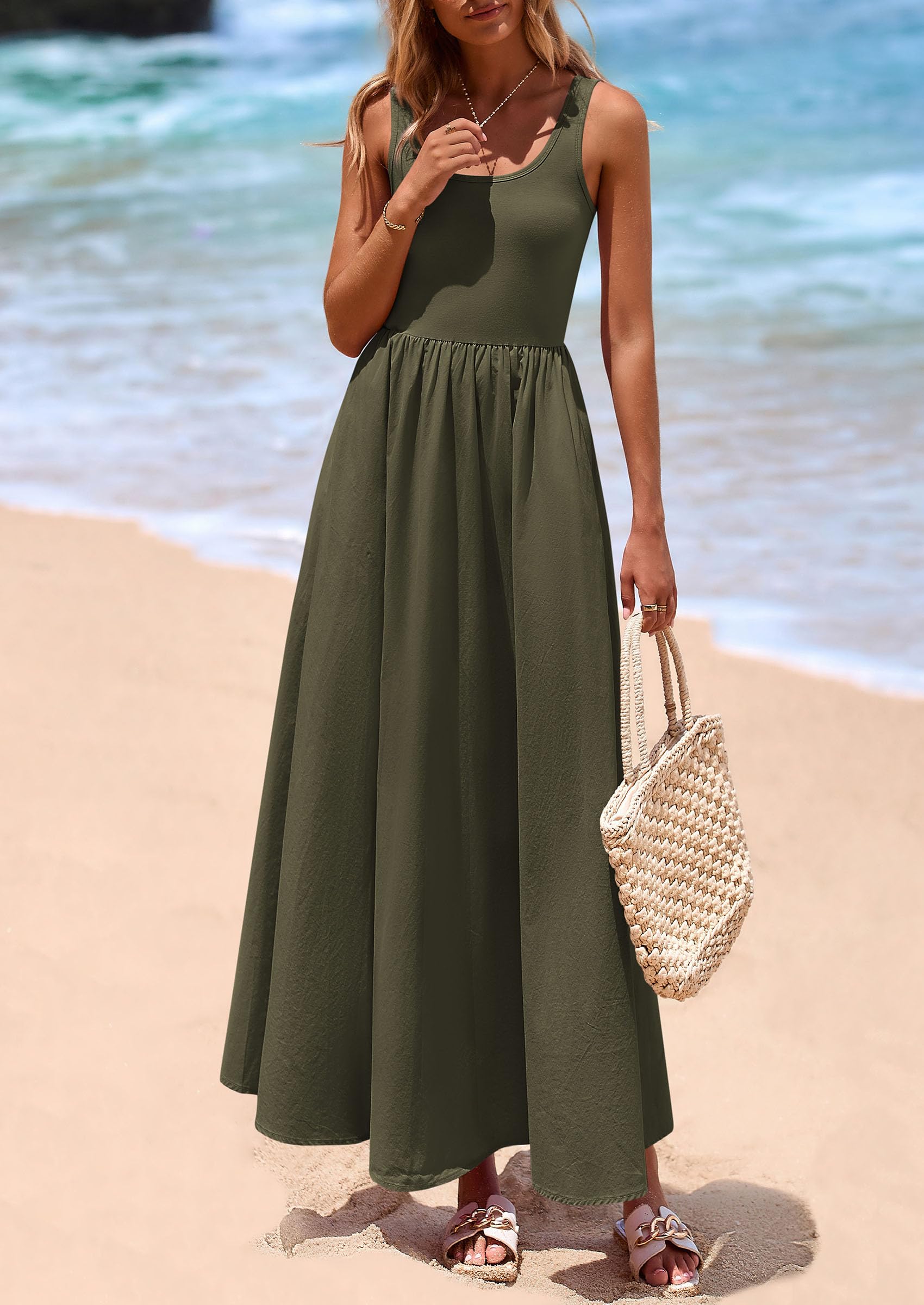 PRETTYGARDEN Womens Summer Casual Scoop Neck Sleeveless Long Dresses Tank Top Patchwork Aline Swing Maxi Dress with Pockets