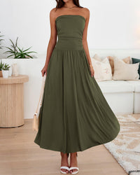 BTFBM Summer Maxi Dresses for Women Strapless Ruched Tube Top Beach Vacation Spring Wedding Guest Dress Pockets PRETTYGARDEN