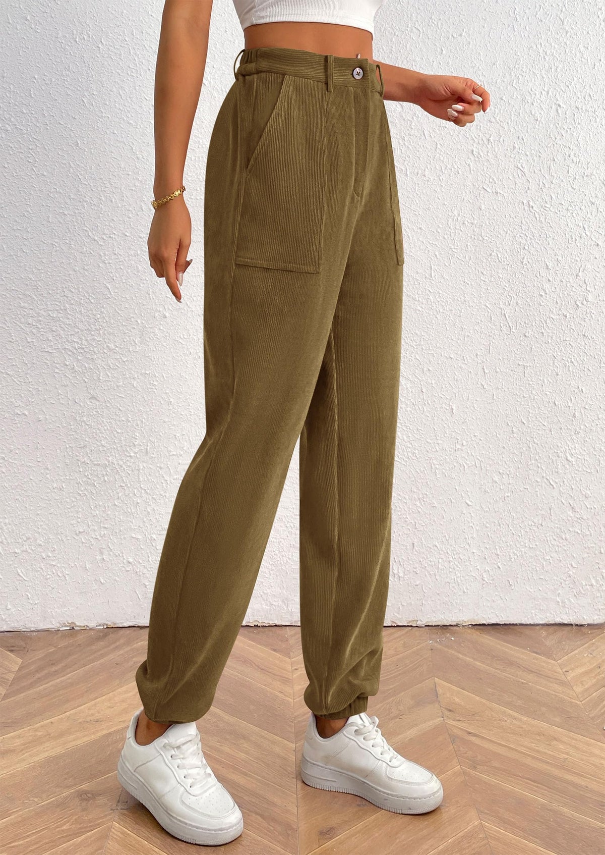 Women's Dressy Casual Pants Elastic High Waisted Work Office Corduroy Trouser Slacks with Pockets